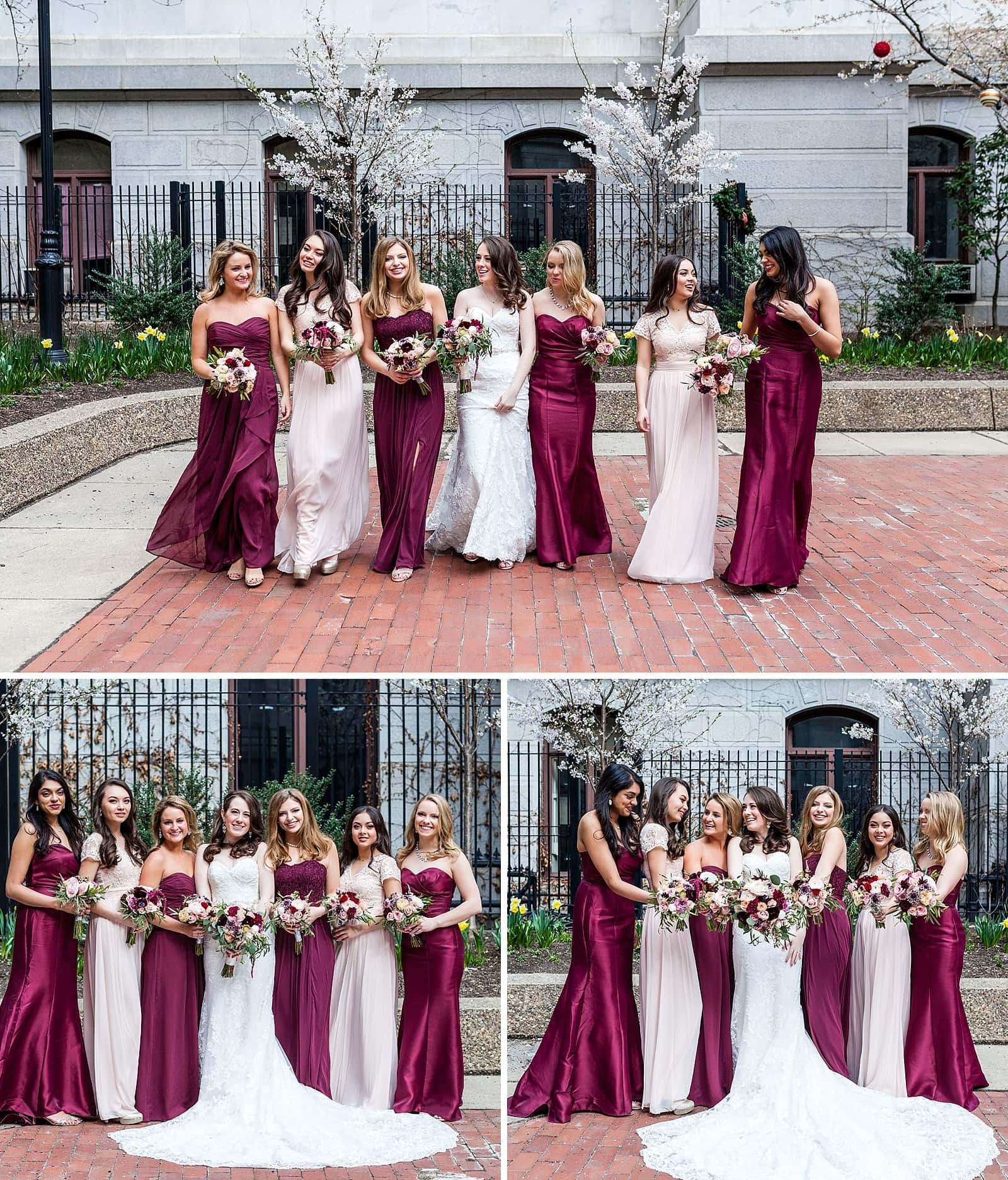 Bridal party portraits with girls laughing and holding out flowers, college of physicians wedding 