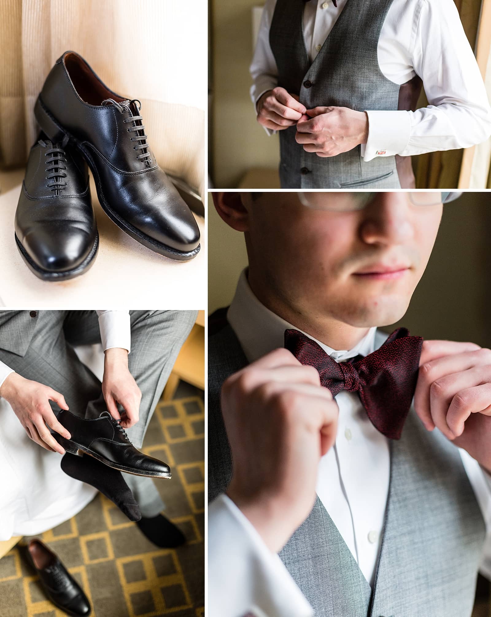Groom details, dress shoes, bowtie, groom getting ready