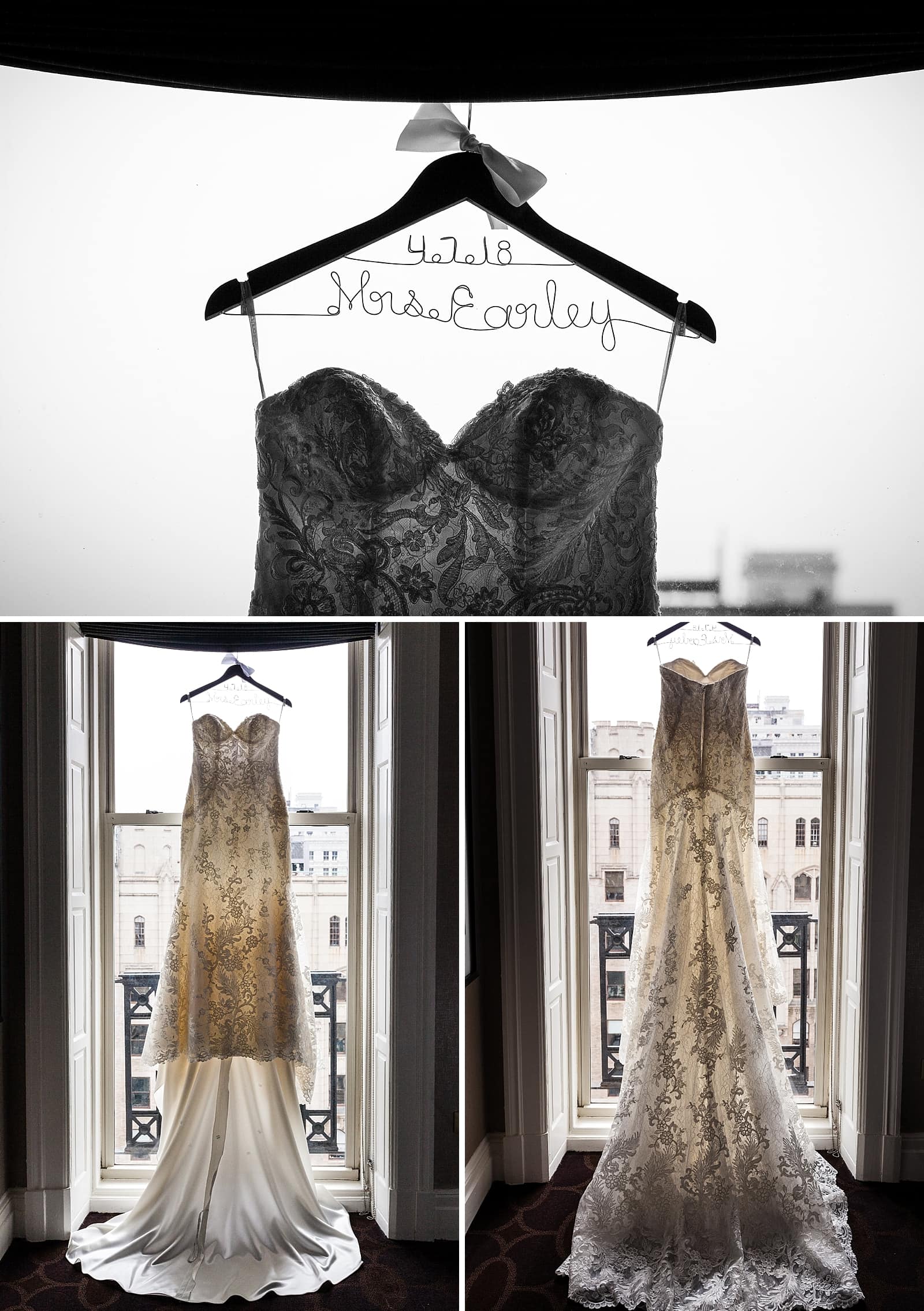 Bridal gown hanging in window, detailed hanger, lace bridal gown