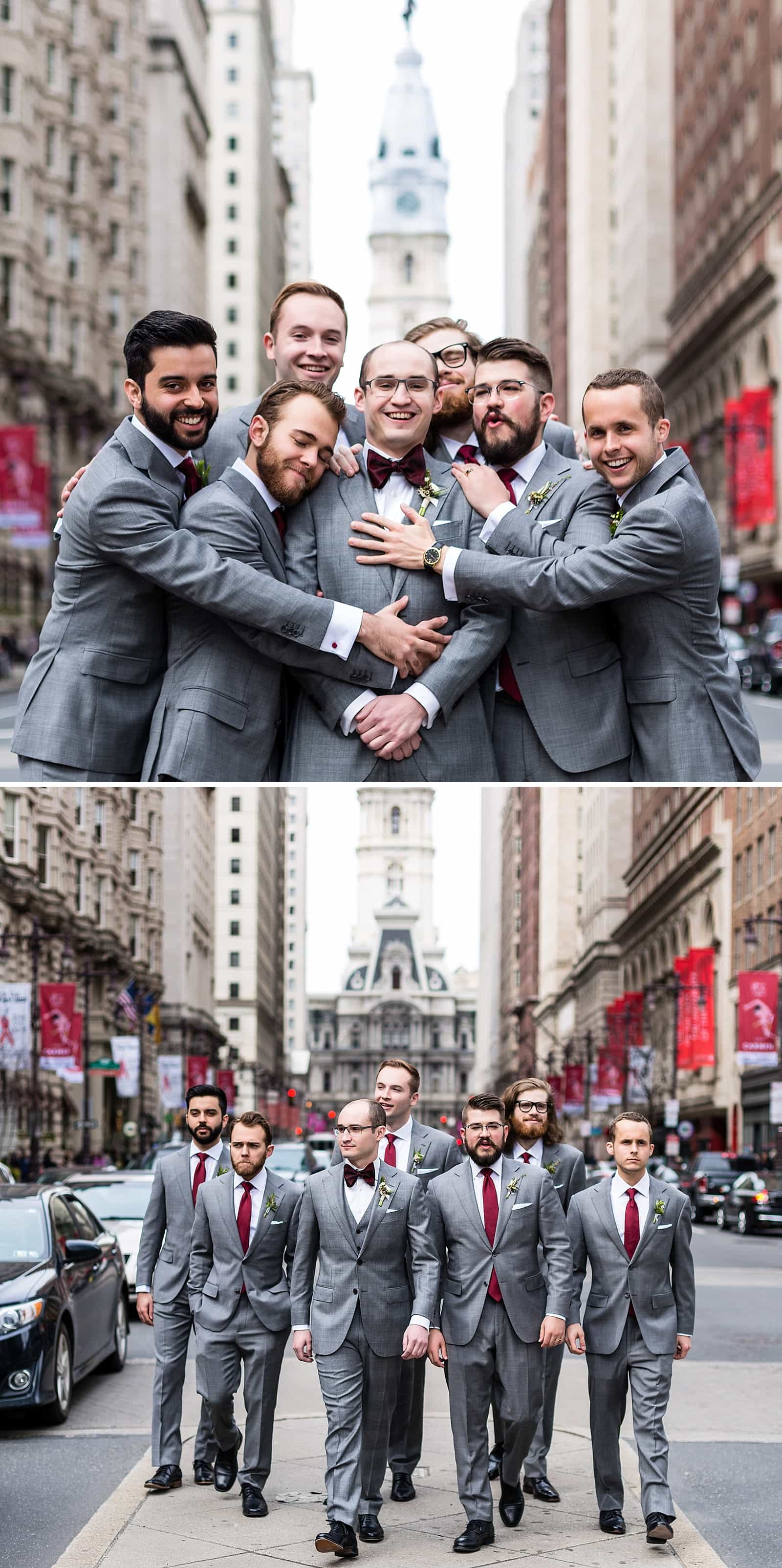 Groomsmen portraits in front of Philadelphia City Hall, hugging groom and walking 