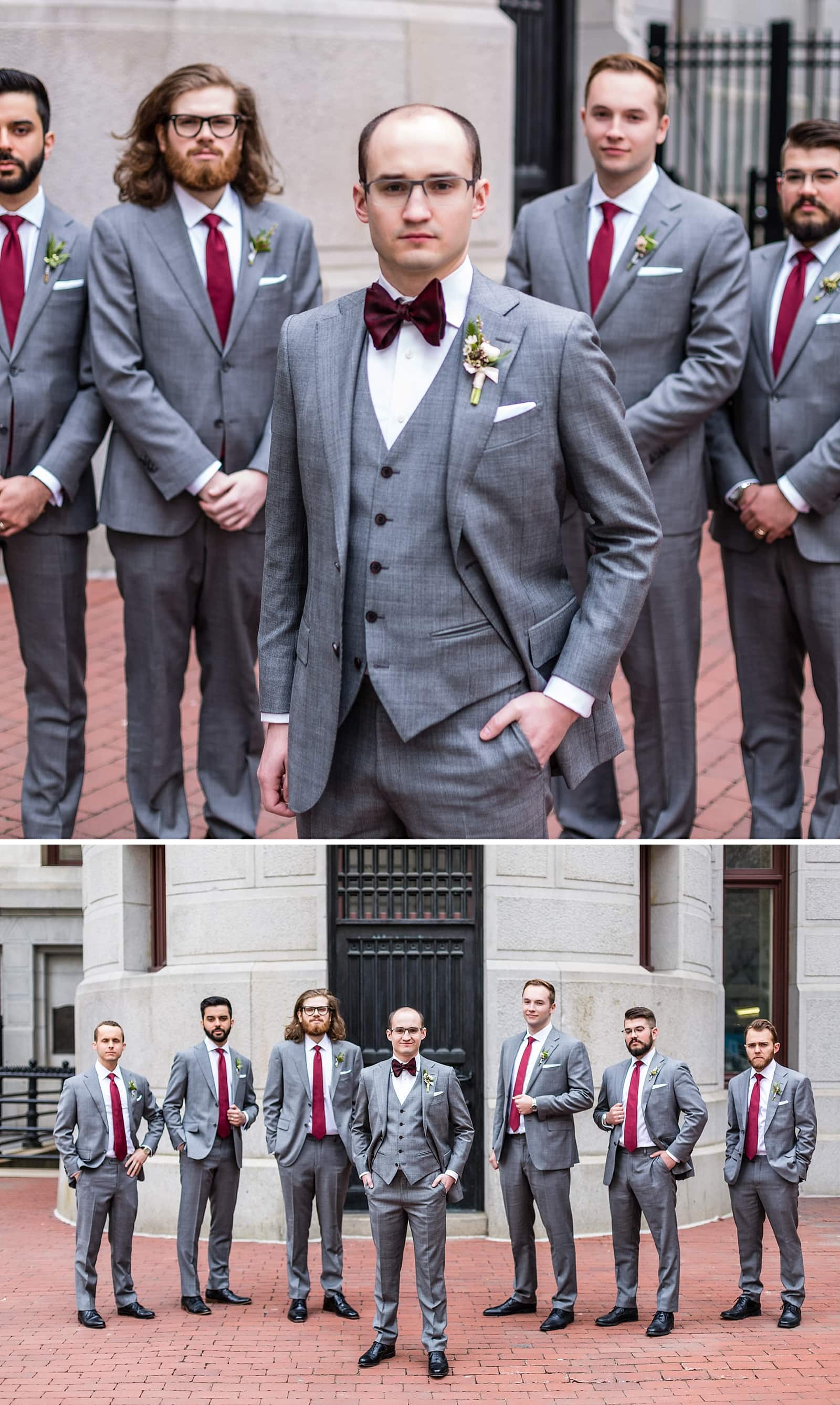 Groomsmen portraits in front of College of Physicians, grey tux, red ties