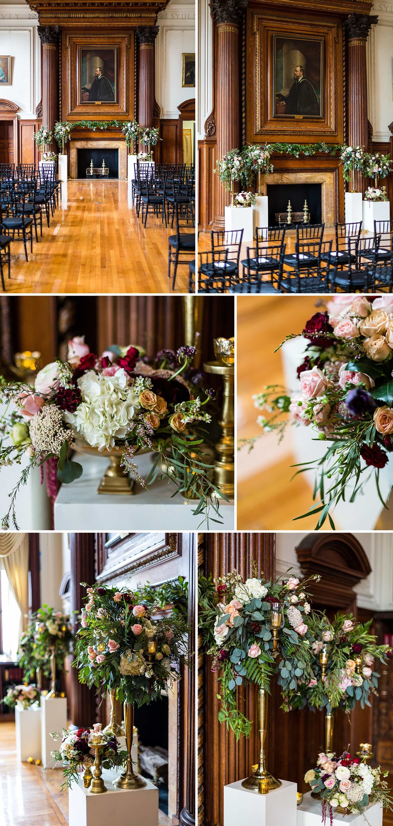 Wedding venue, aisle, flower and gold decorations details, College of Physicians wedding