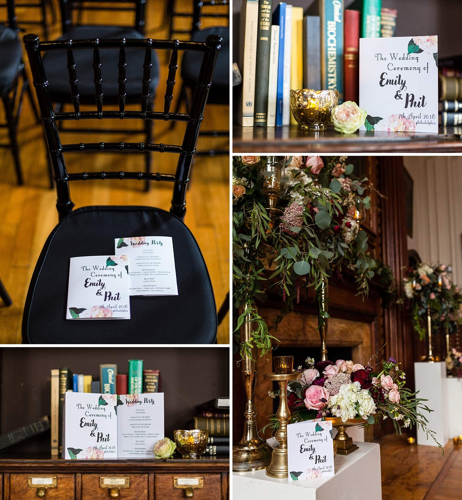 Stationary, books, and gold centerpiece floral details, College of Physicians wedding