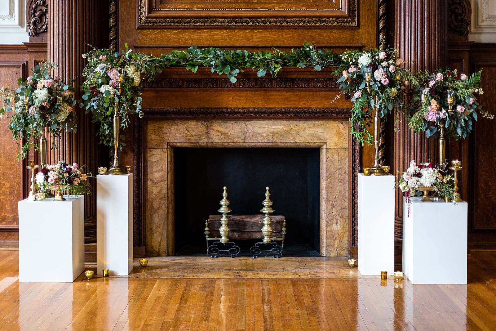 Wedding Arch, fireplace, floral arch, gold floral centerpiece details, College of Physicians wedding