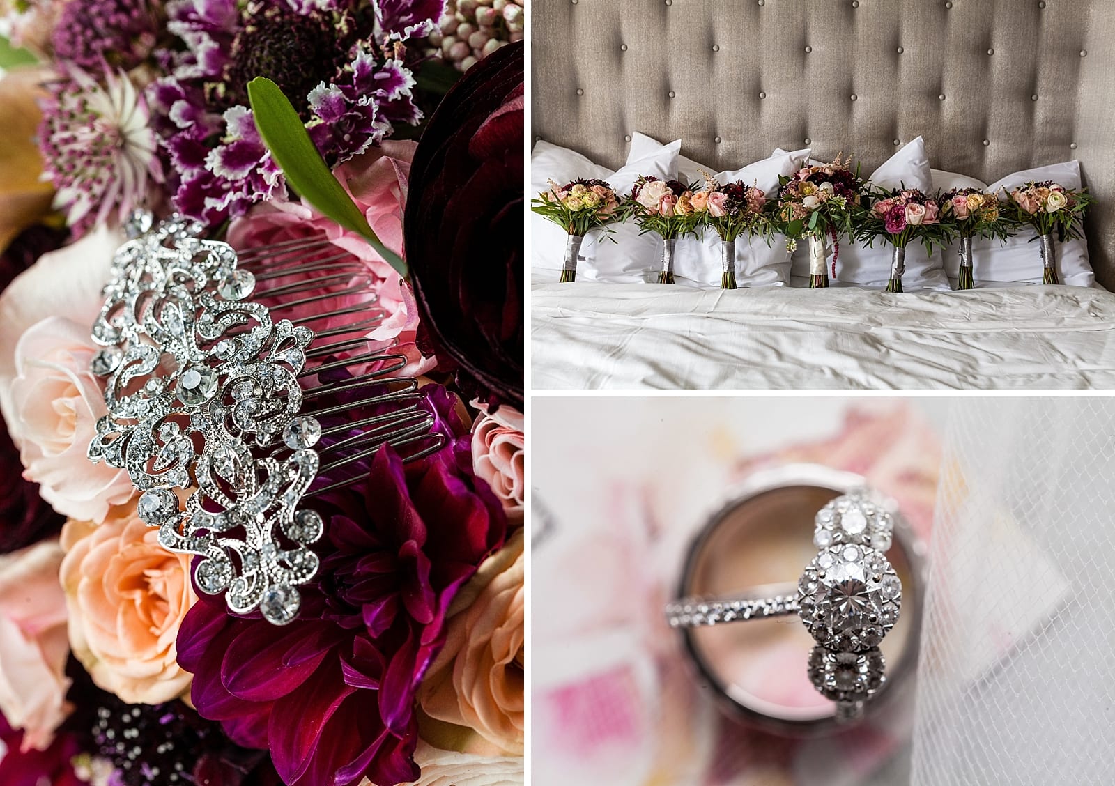 Wedding details of bouquets, hair pin, engagement and wedding ring details 