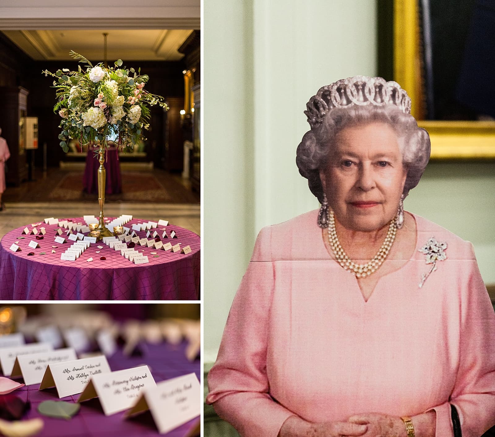 Gold floral centerpiece, name cards details, Queen of England cutout 