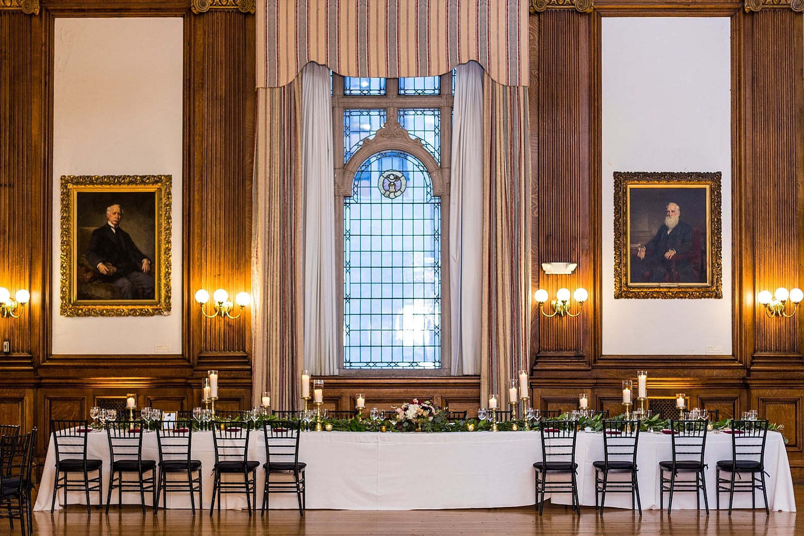 Bride and Groom table, Gold candles, floral centerpiece, College of Physicians wedding