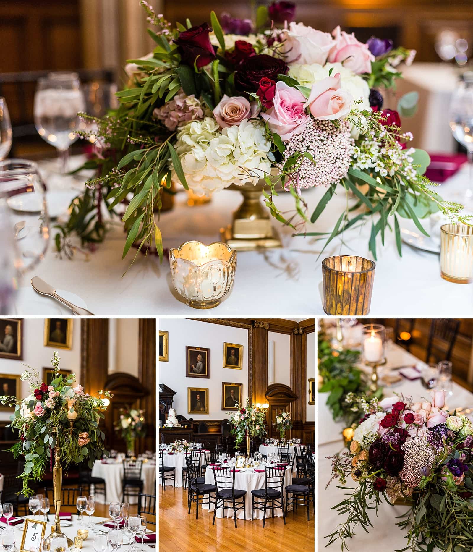 Floral centerpieces, gold candles, wedding table details, College of Physicians wedding