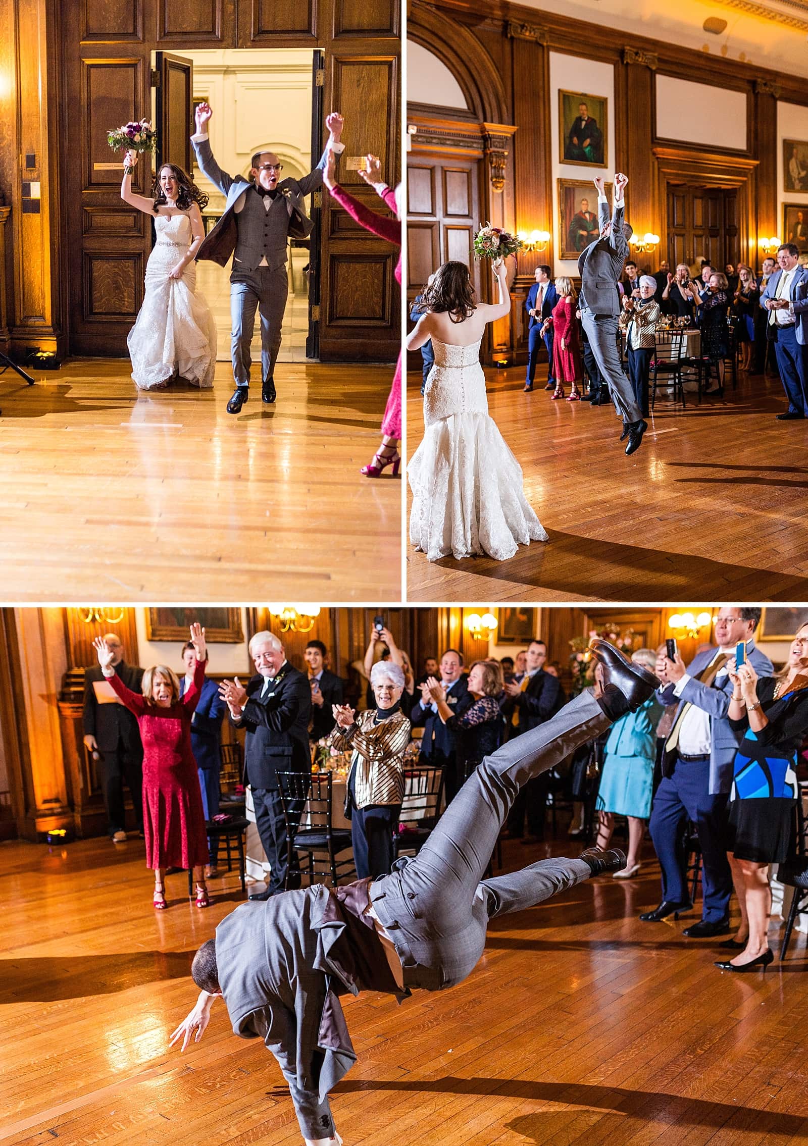 Bride and Groom reception entrance, groom jumping and break dancing, College of Physicians wedding
