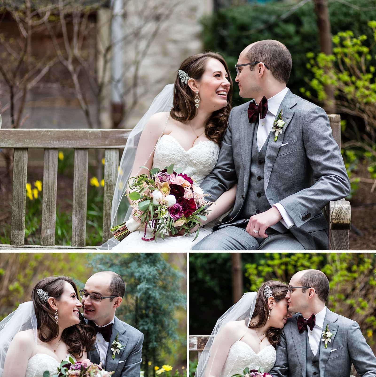 Bride and Groom portraits outside on bench with bouquet, laughing and kissing on the cheek