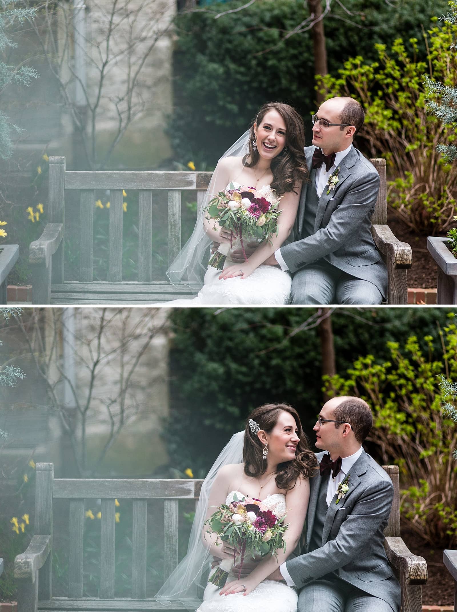 Intimate bride and groom portraits outside on bench with greenery and bouquet, College of Physicians wedding