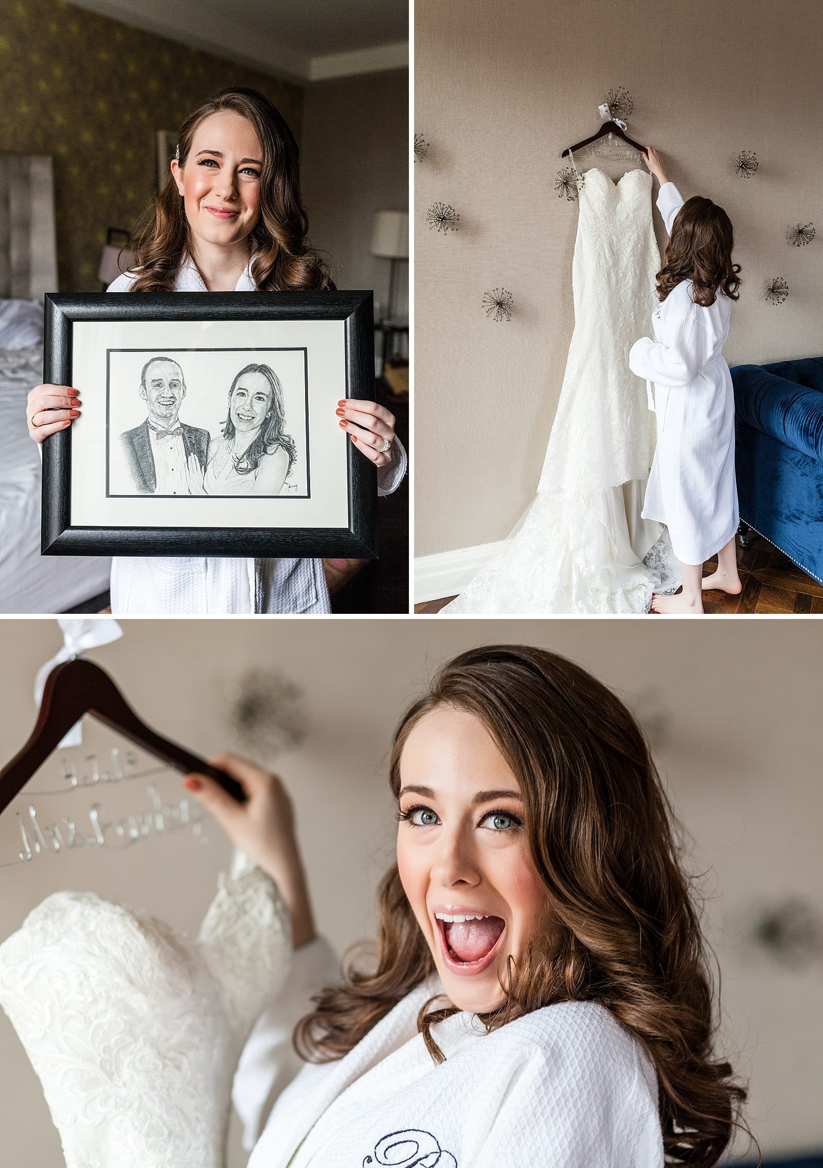 Bride holding drawing of herself and future husband, bride about to put on her wedding dress