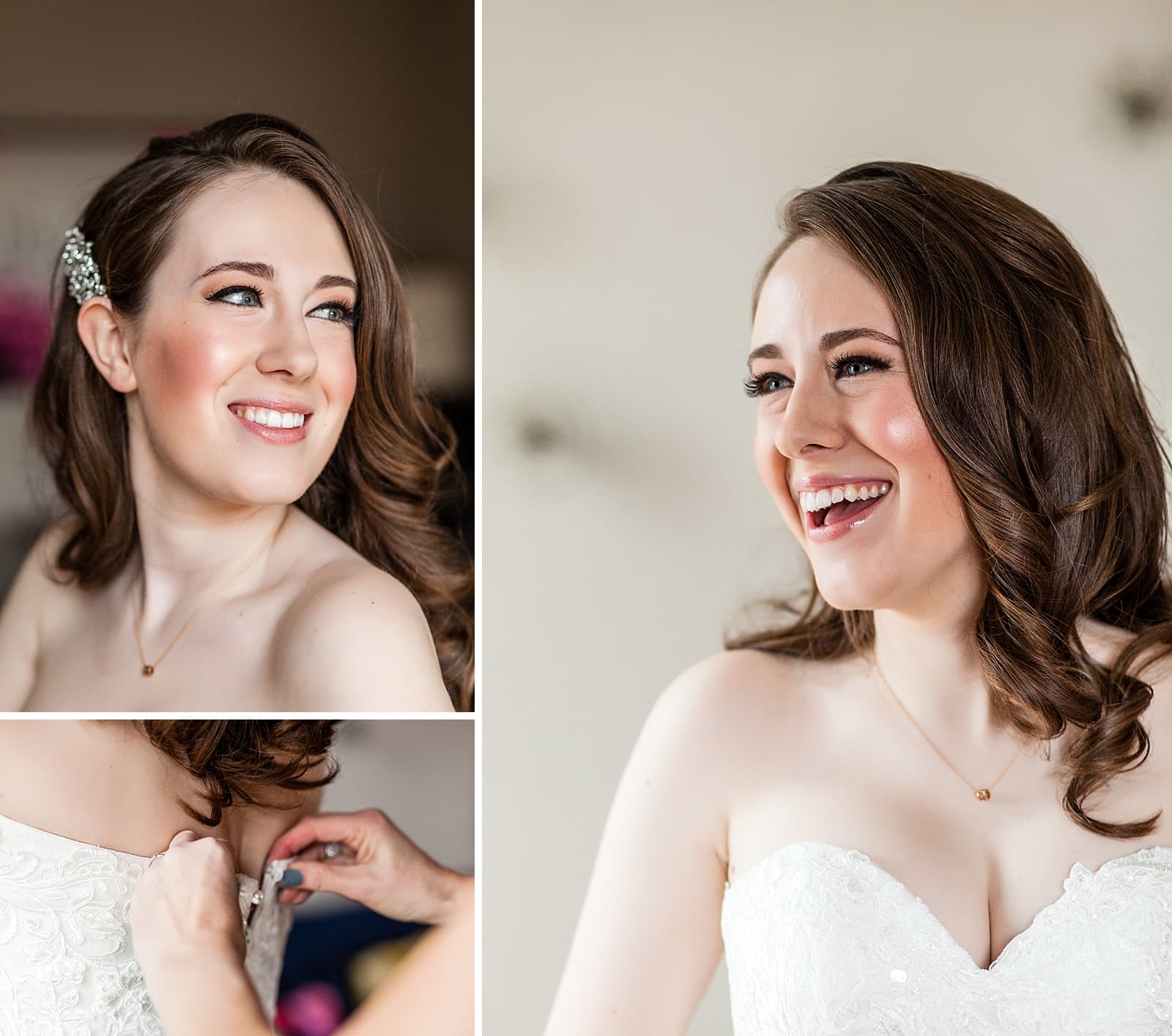 Bridal portraits of bride in her dress and getting buttoned up 