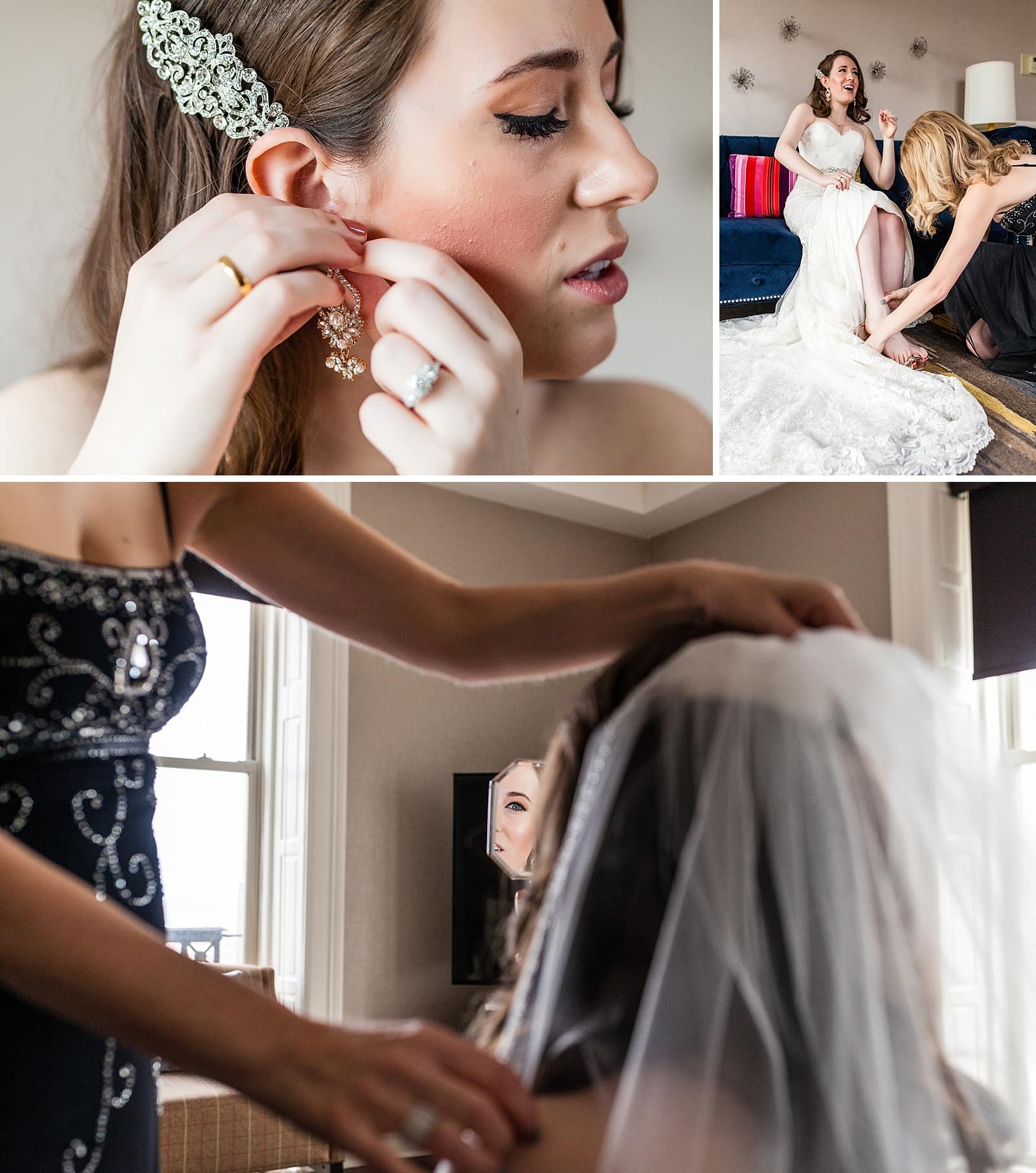 Bride putting on shoes, earrings, and veil with the help of her bridesmaids