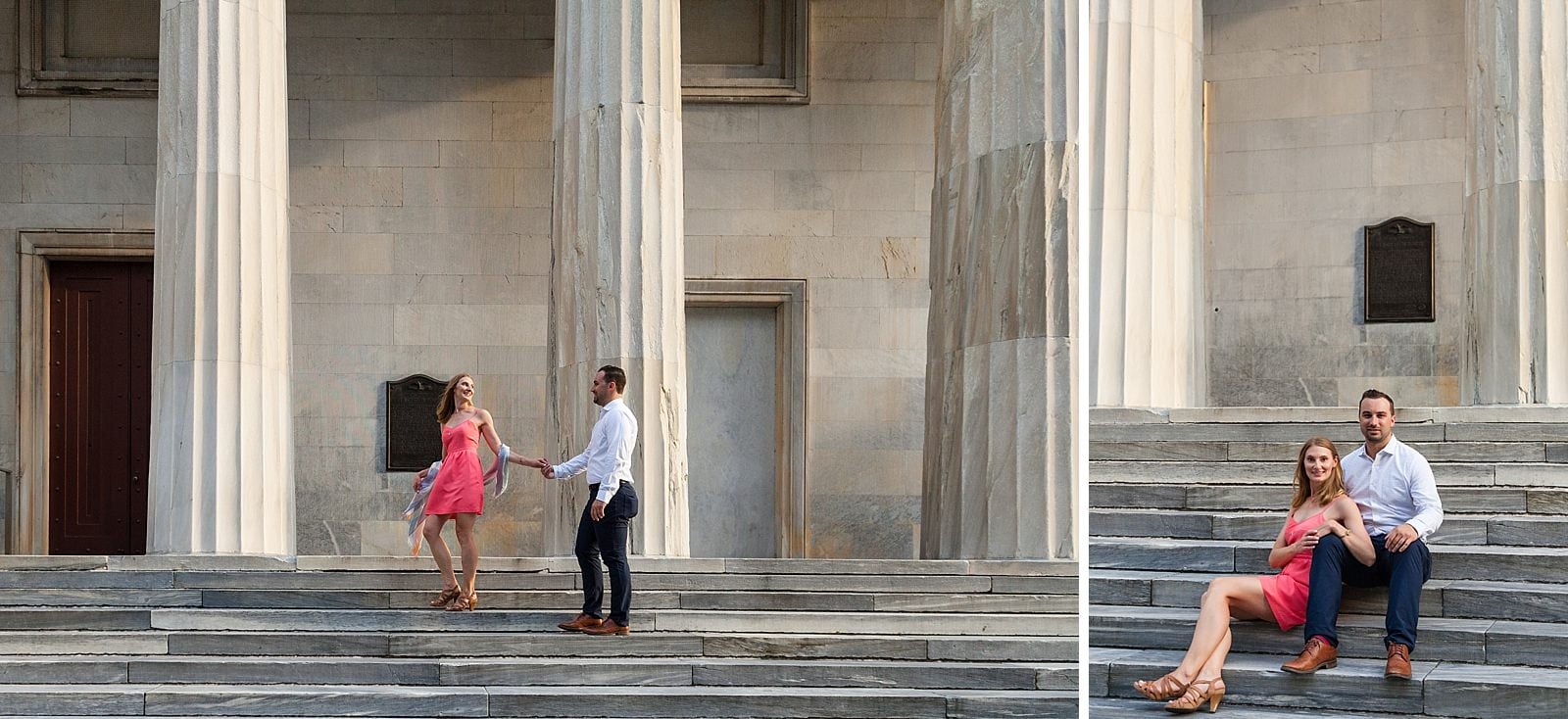 Old City Philadelphia engagement, couple sitting on steps, couple holding hands