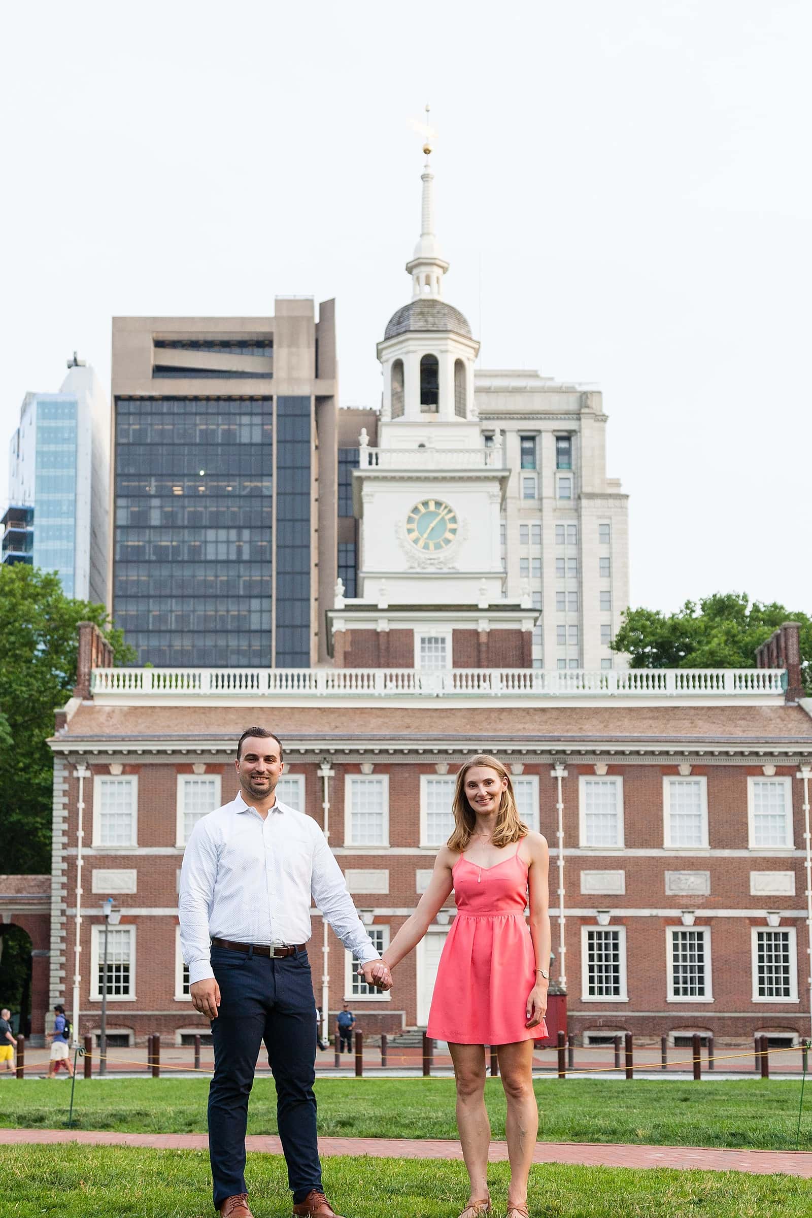 Old City Philadelphia engagement session, Independence Hall engagement portrait, couple holding hands
