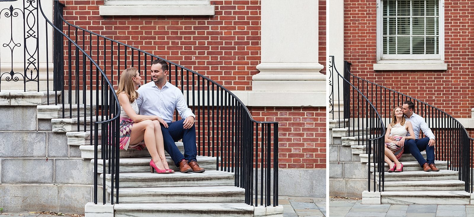 Old City Philadelphia Engagement session, couple sitting on staircase, couple kissing on the cheek