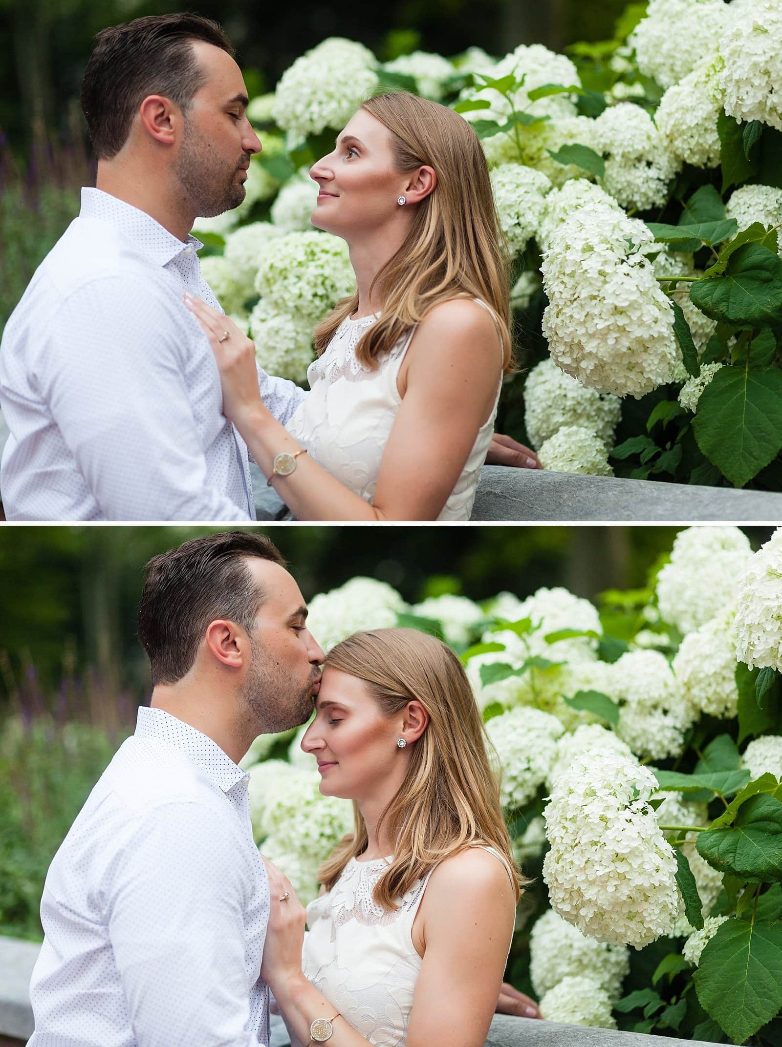 Intimate engagement portraits, couple embracing, kissing on forehead, flowers