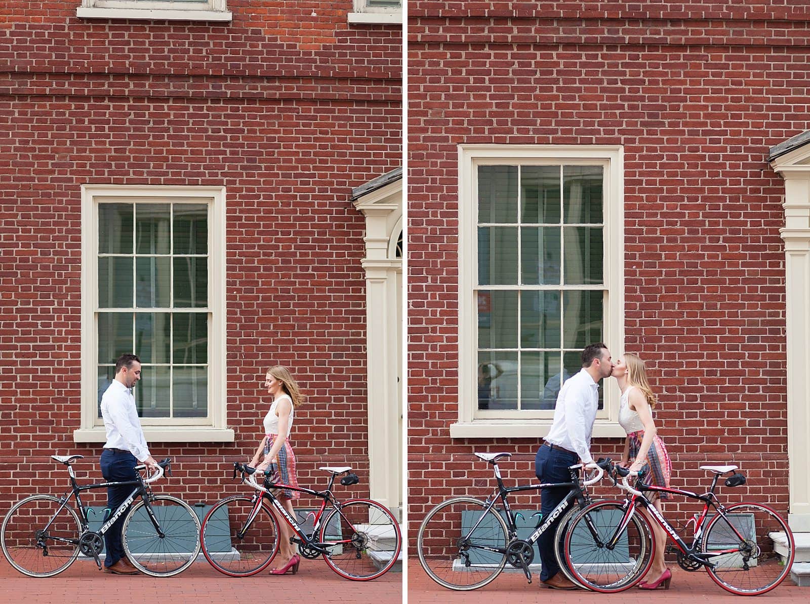 Old City Philadelphia engagement session, bicycles, couple kissing, creative engagement portraits