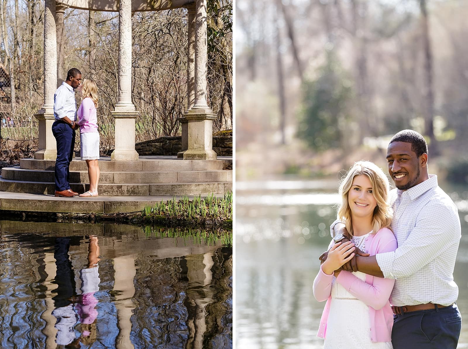 Longwood Gardens engagement shoot, couple kissing, hugging from behind, reflection in lake, concrete gazebo 