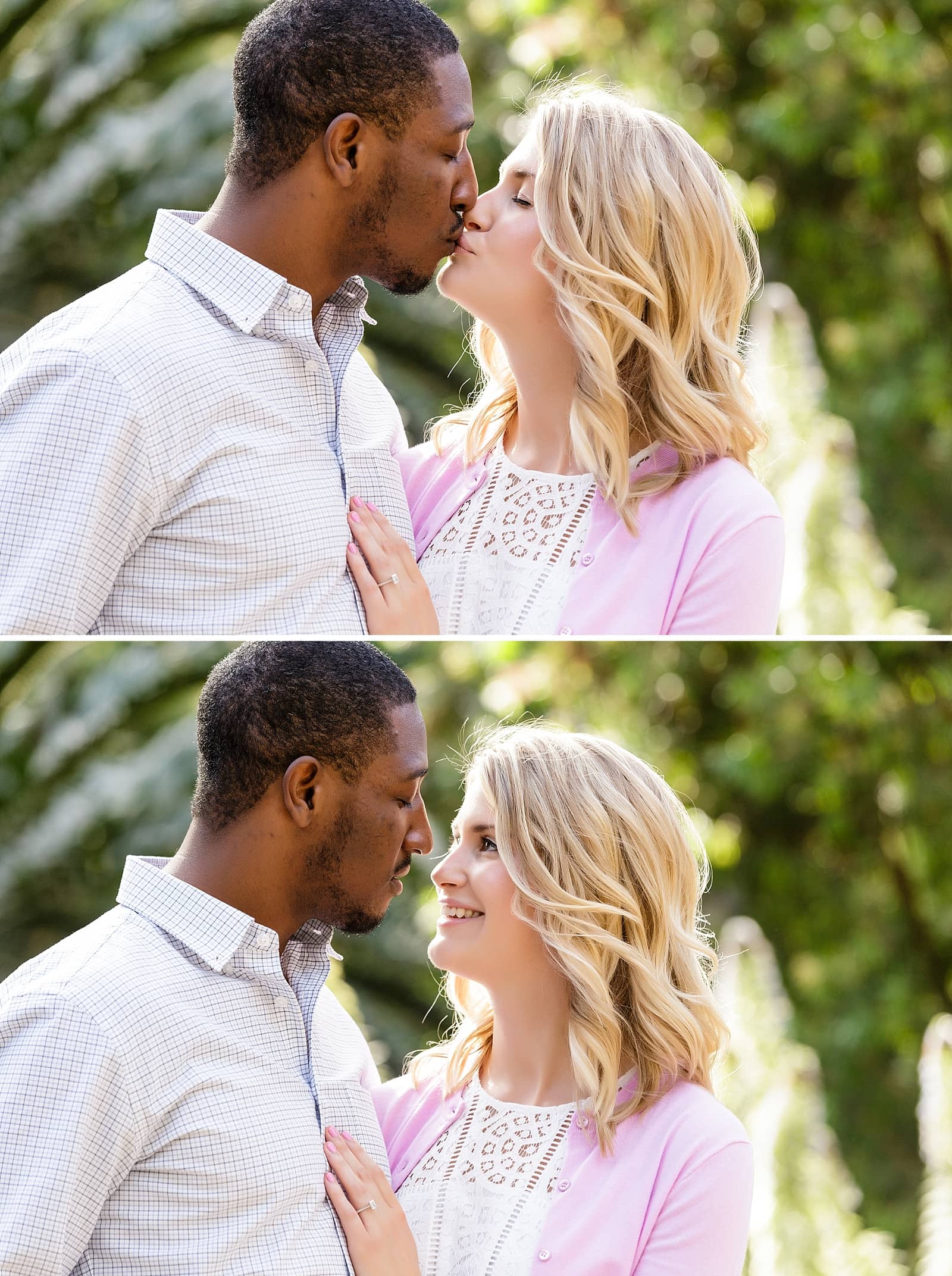 Couple kissing, intimate engagement photos, couple looking at each other
