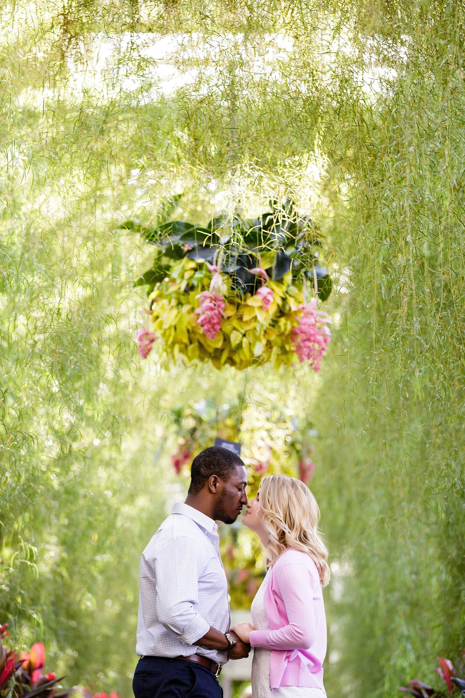 Longwood Gardens engagement session, couple about to kiss under hanging flowers, intimate engagement portrait