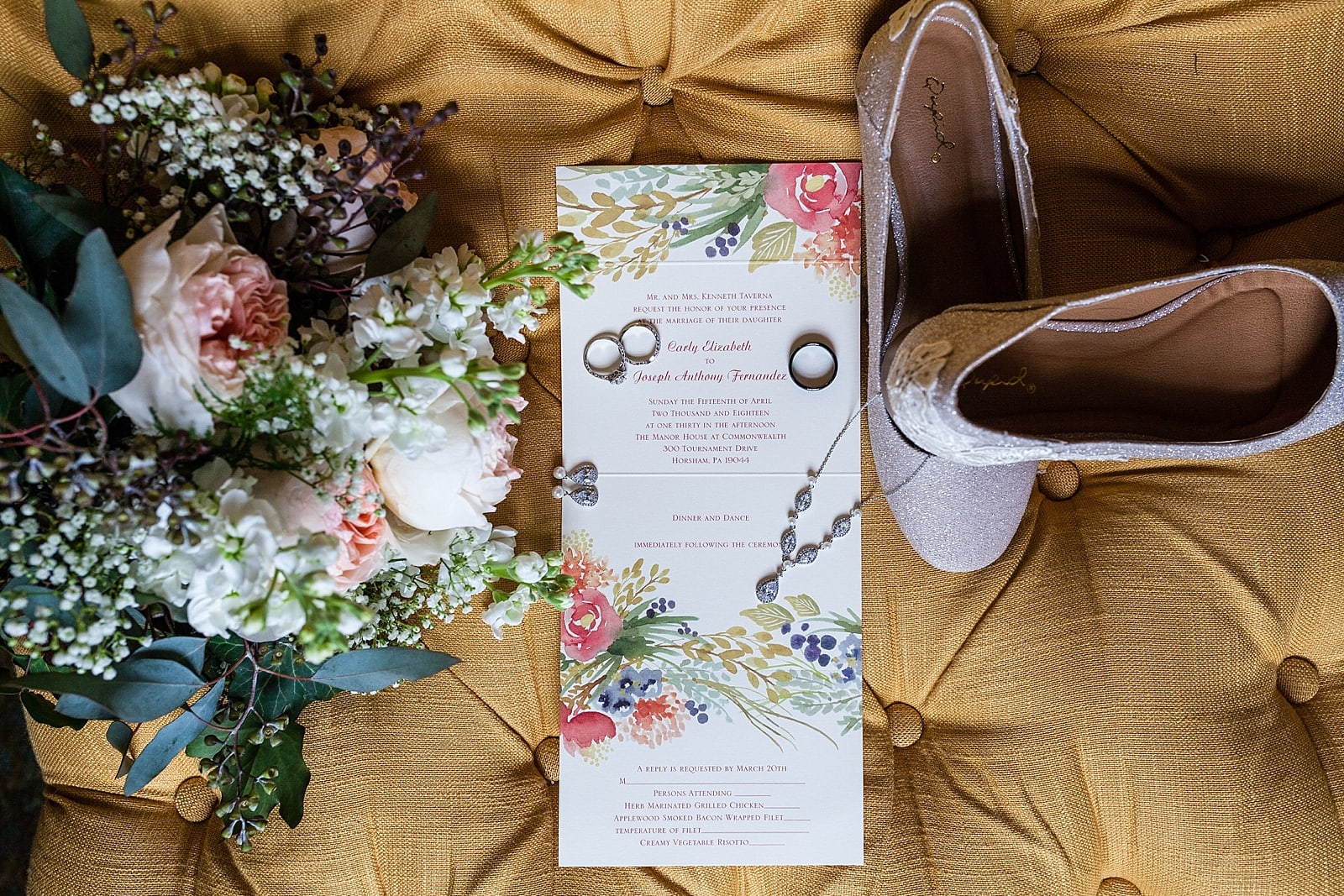 wedding invitation, wedding bands, accessories, and shoe details