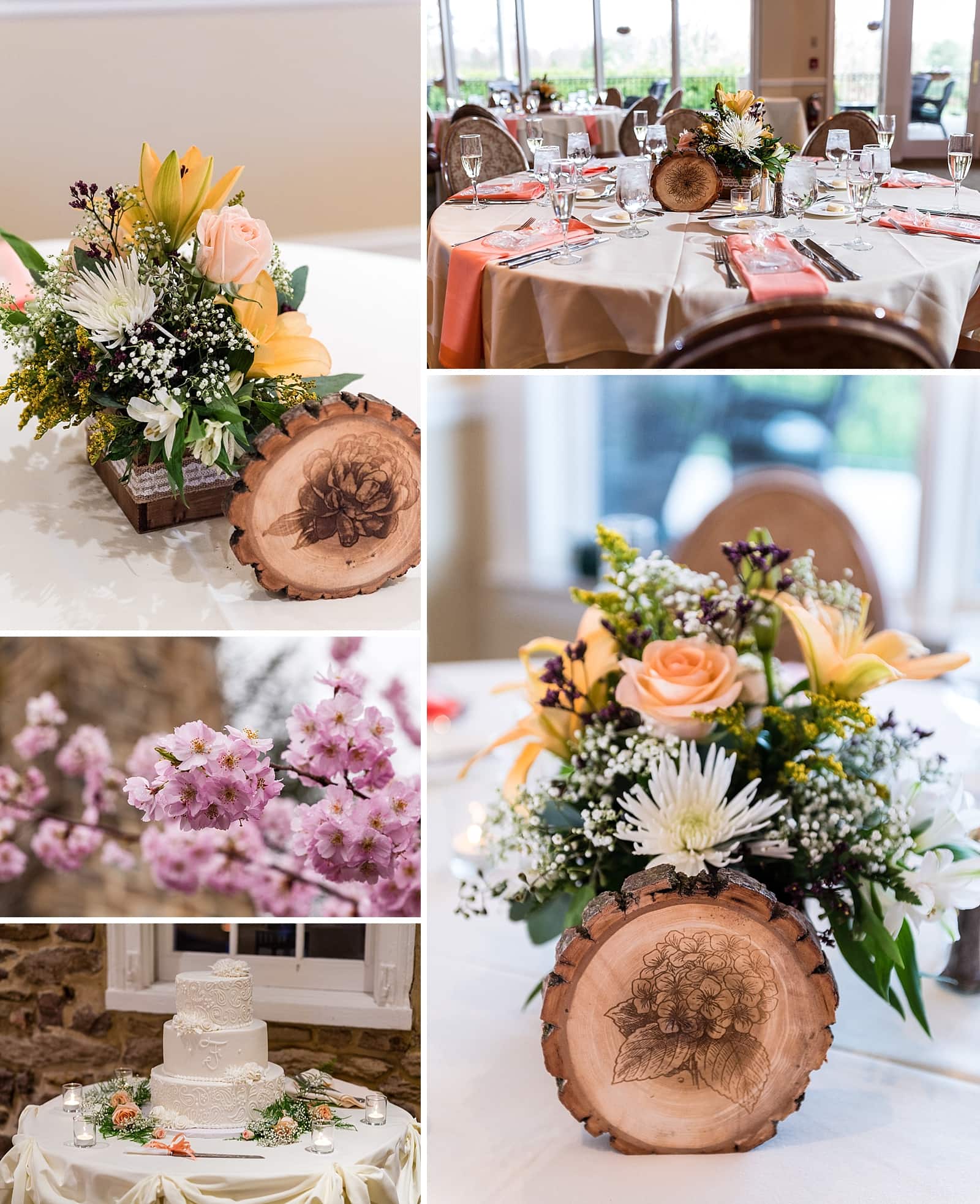 Floral centerpiece, flowers, and cake details, The Manor House at Commonwealth wedding