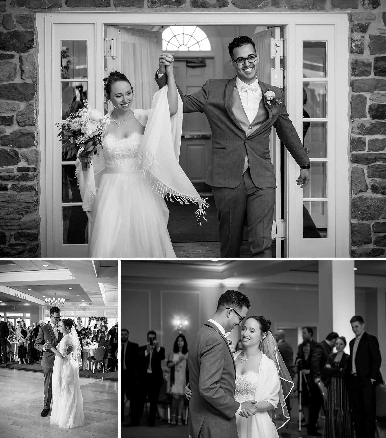 Husband and wife entrance at the reception, bride and groom first dance, black and white wedding photography, The Manor House at Commonwealth wedding