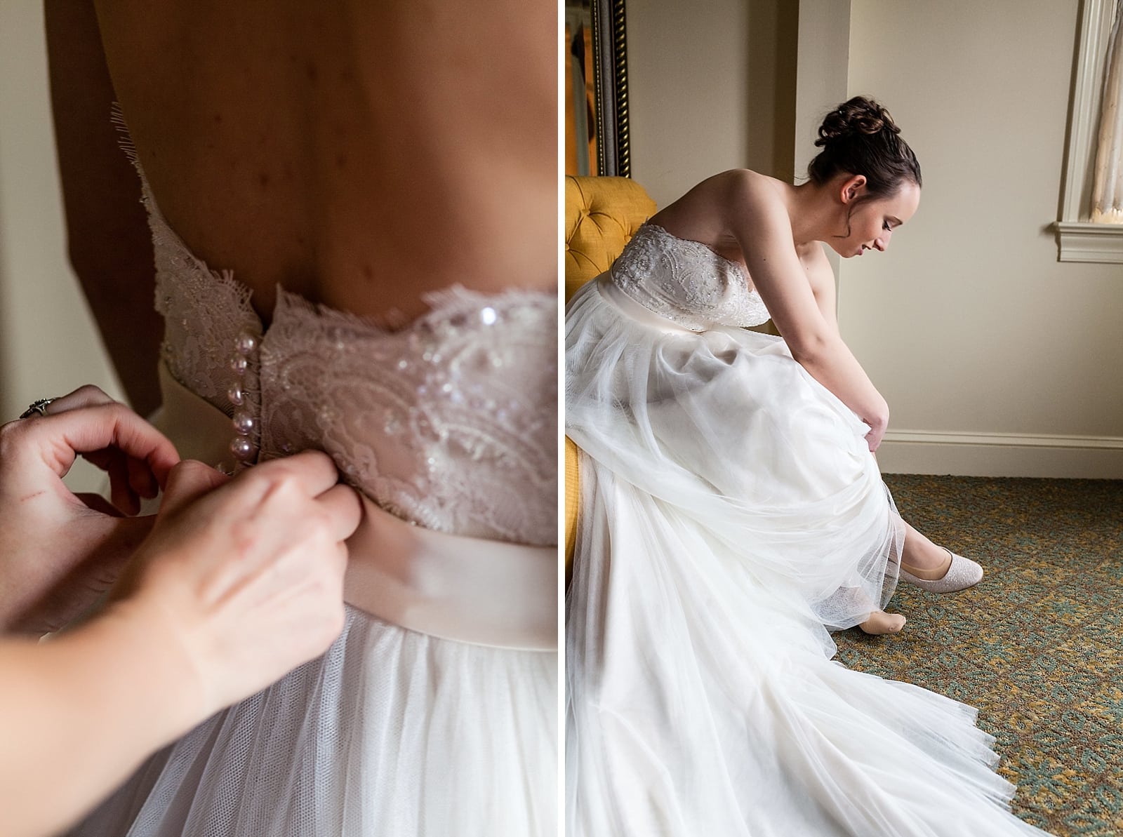 Bride putting on her shoes and buttoning wedding gown