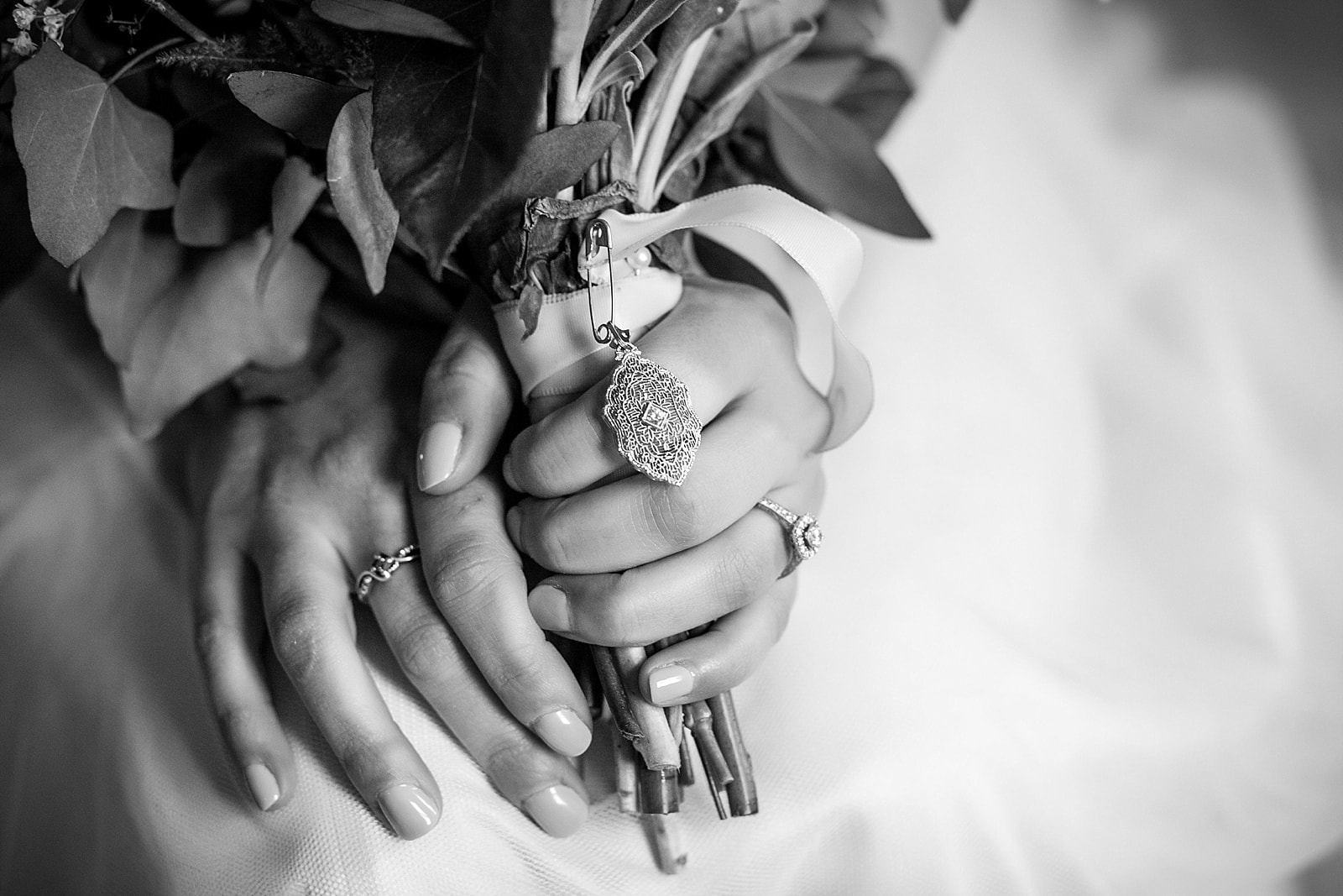 Bridal bouquet, charm, and ring details in black and white