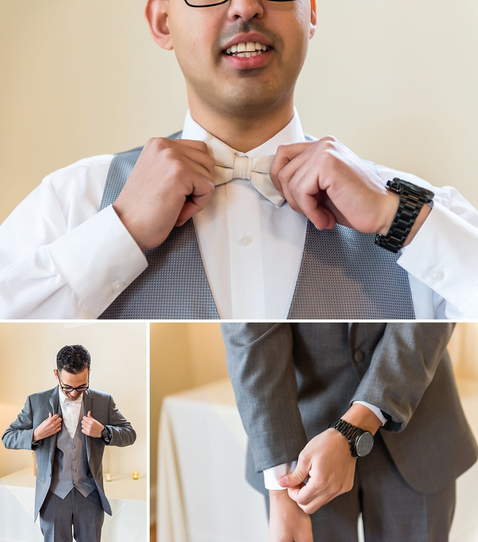 Groom getting ready, putting on bow tie