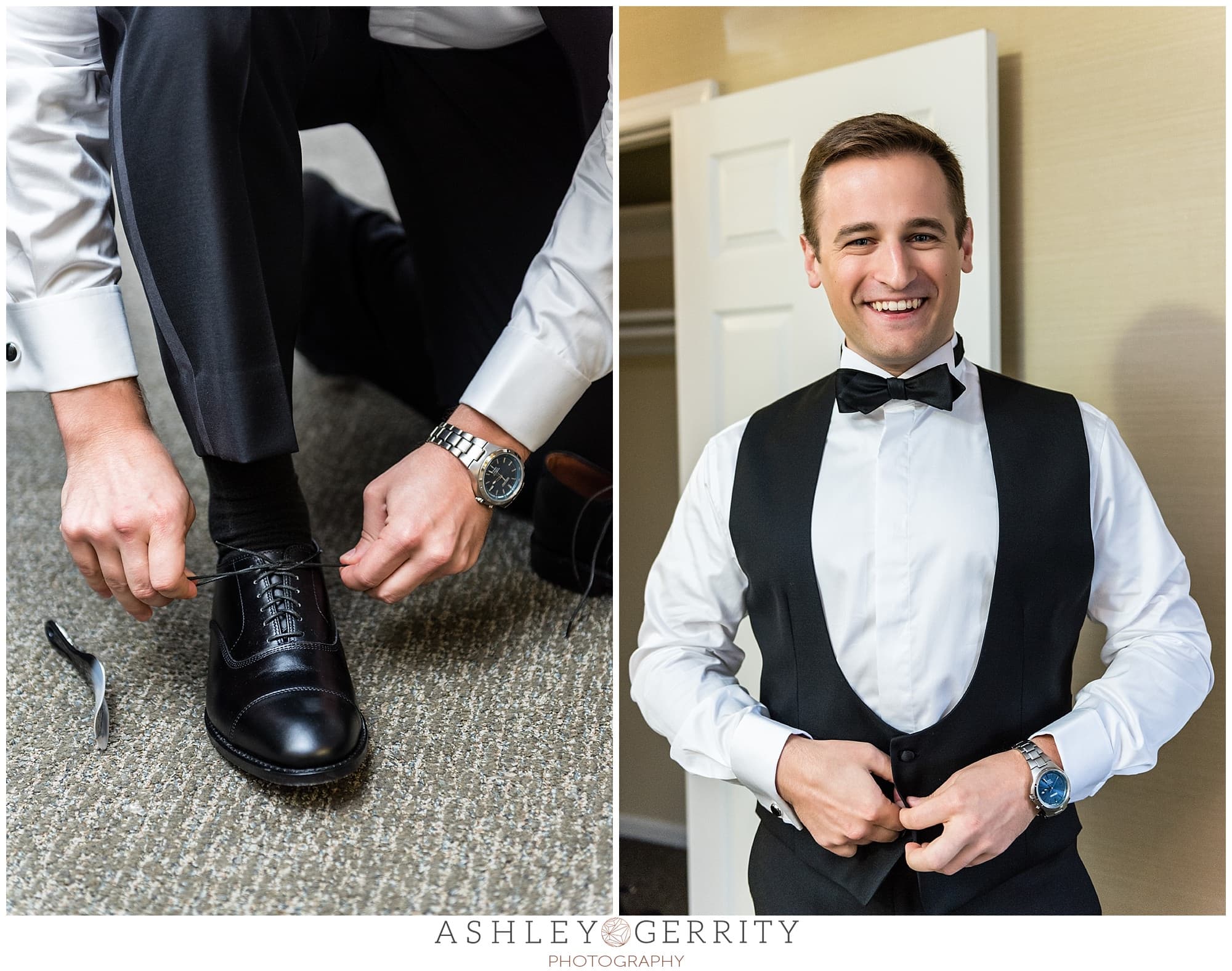 Groom getting ready, tying shoes and buttoning vest
