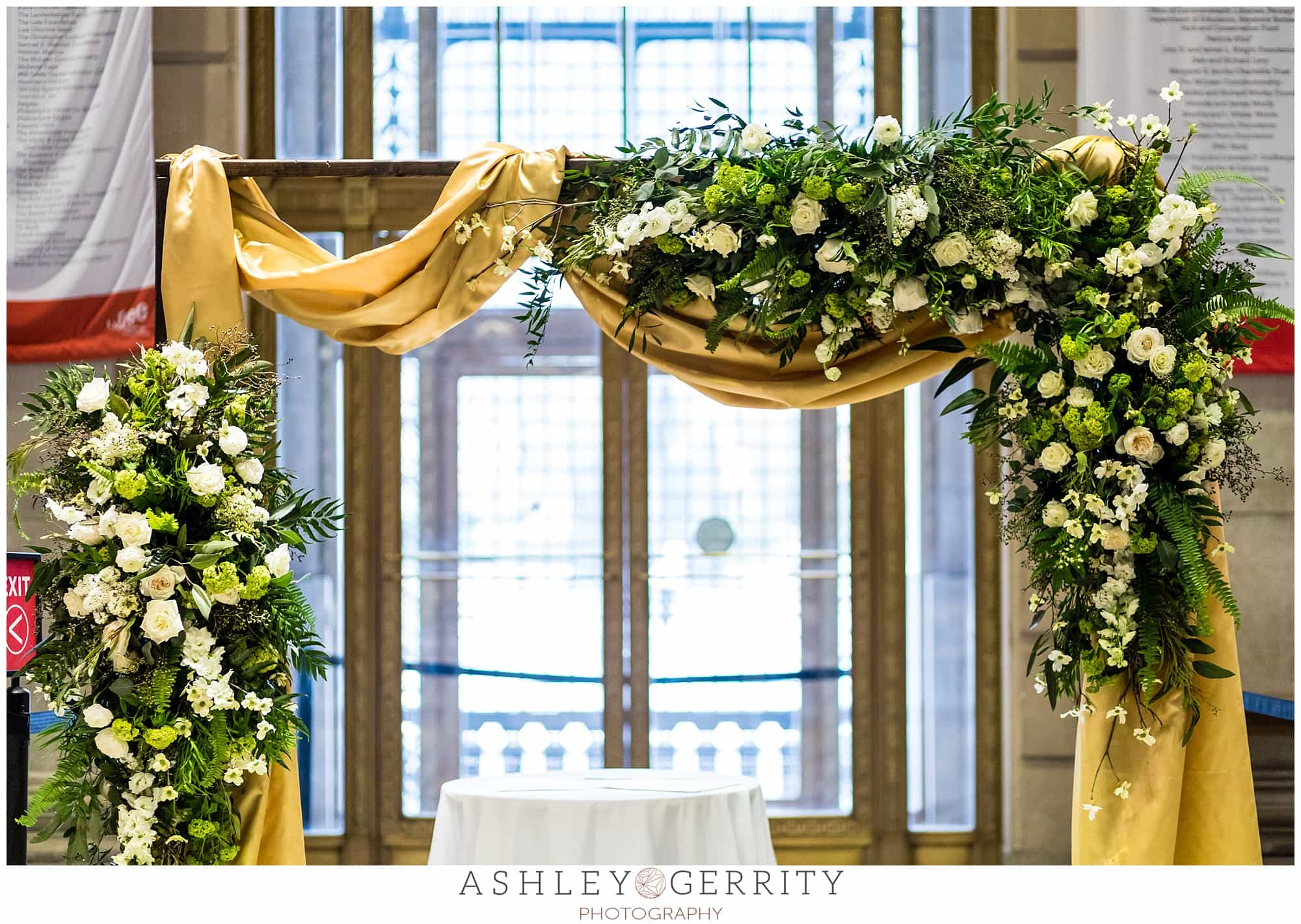 Wedding arch, floral arch, gold arch, Free Library wedding