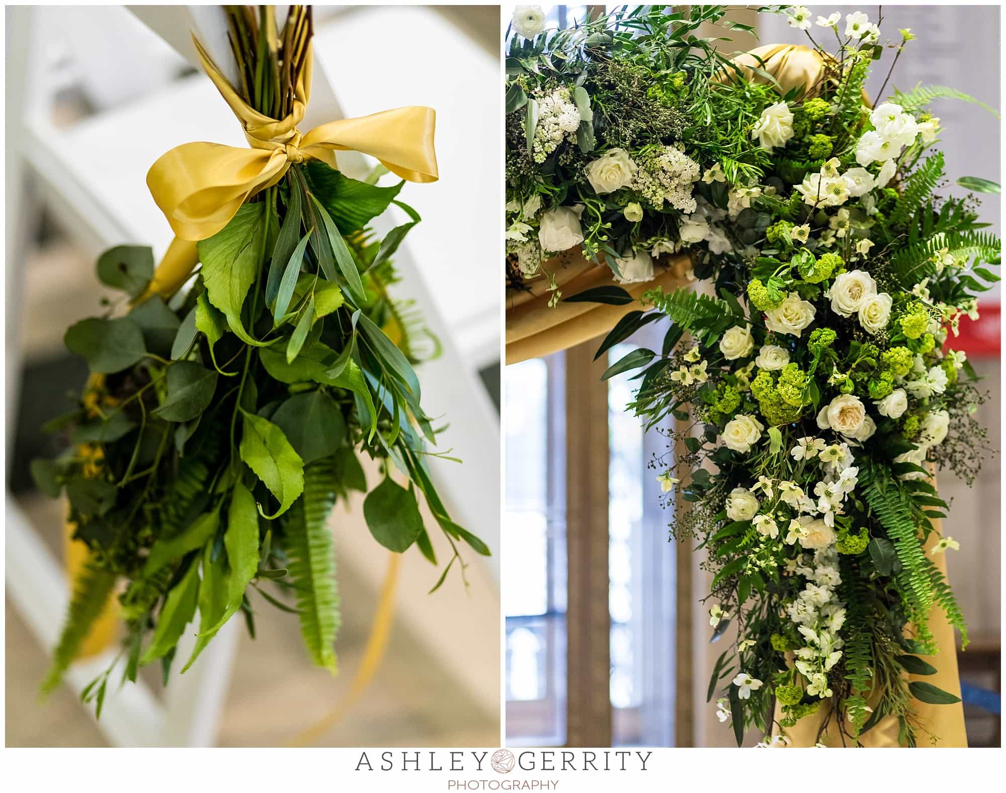 Floral aisle and arch details, gold ribbon and white and green flowers