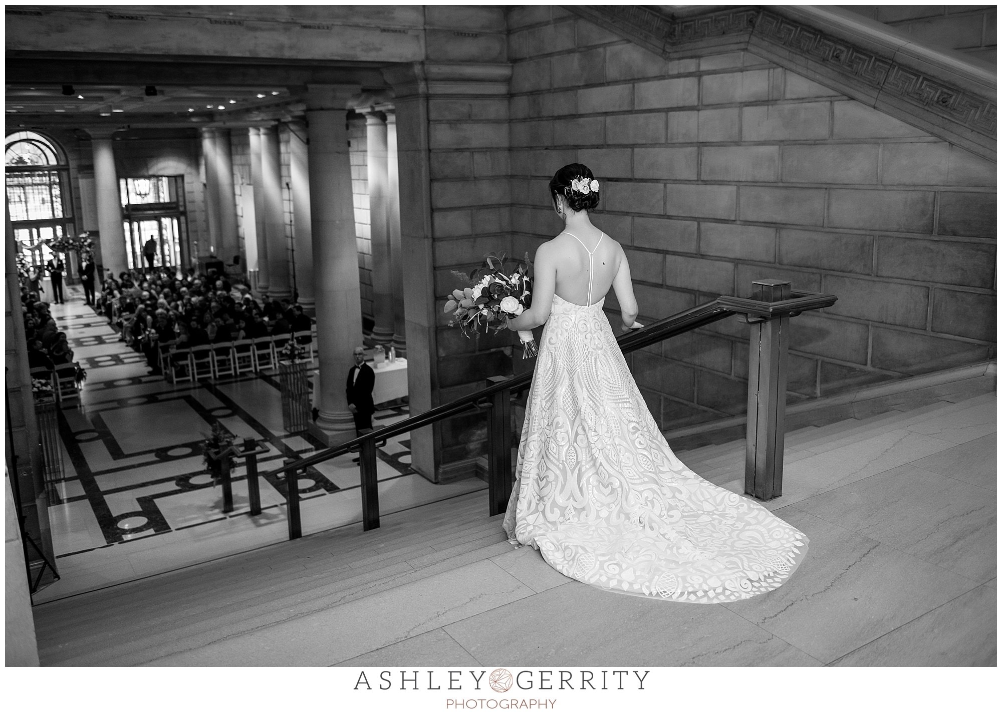 Black and white, bride walking down the aisle, Free Library wedding