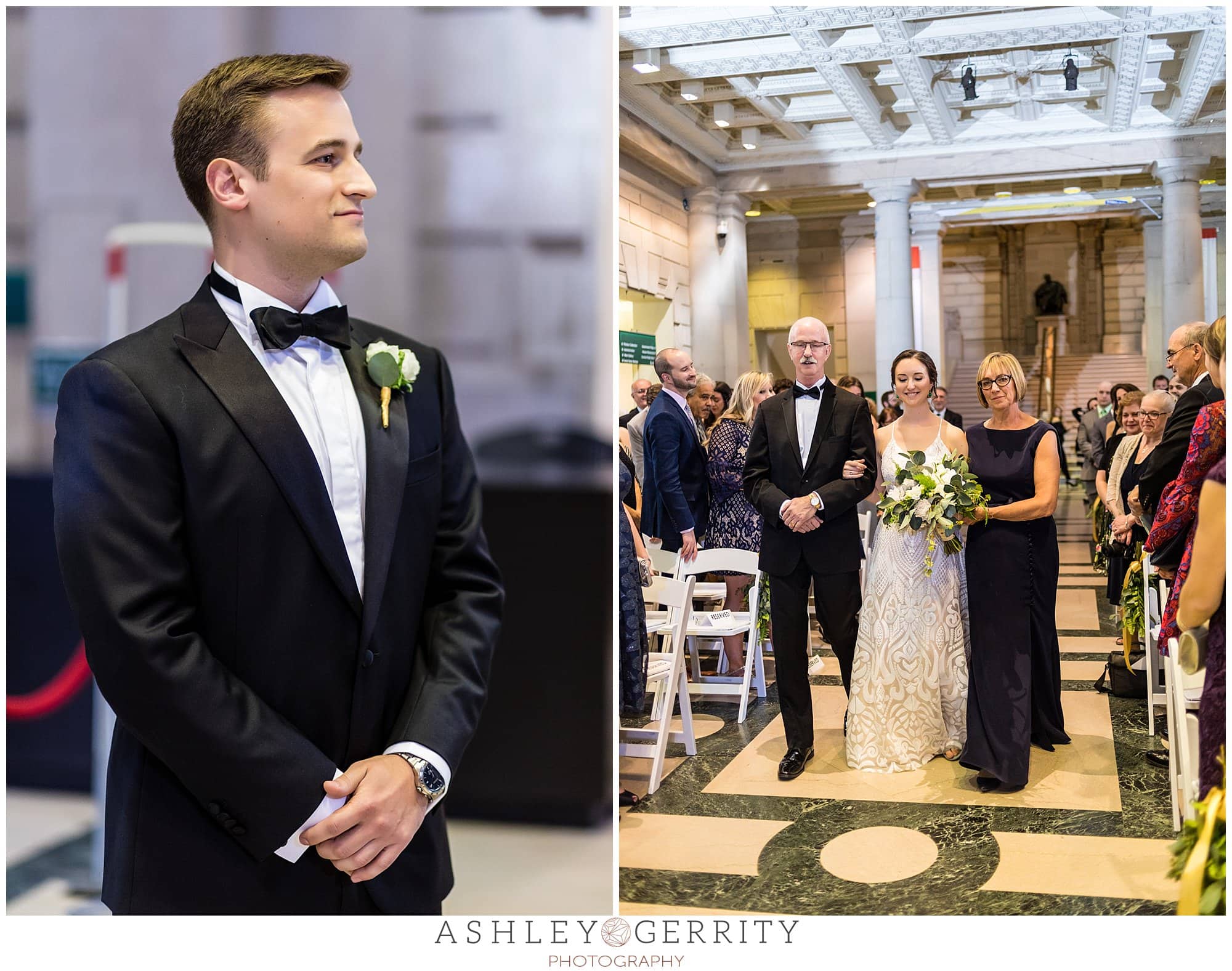 Groom watching bride walk down the aisle, bride walking down the aisle with her parents, Free Library wedding