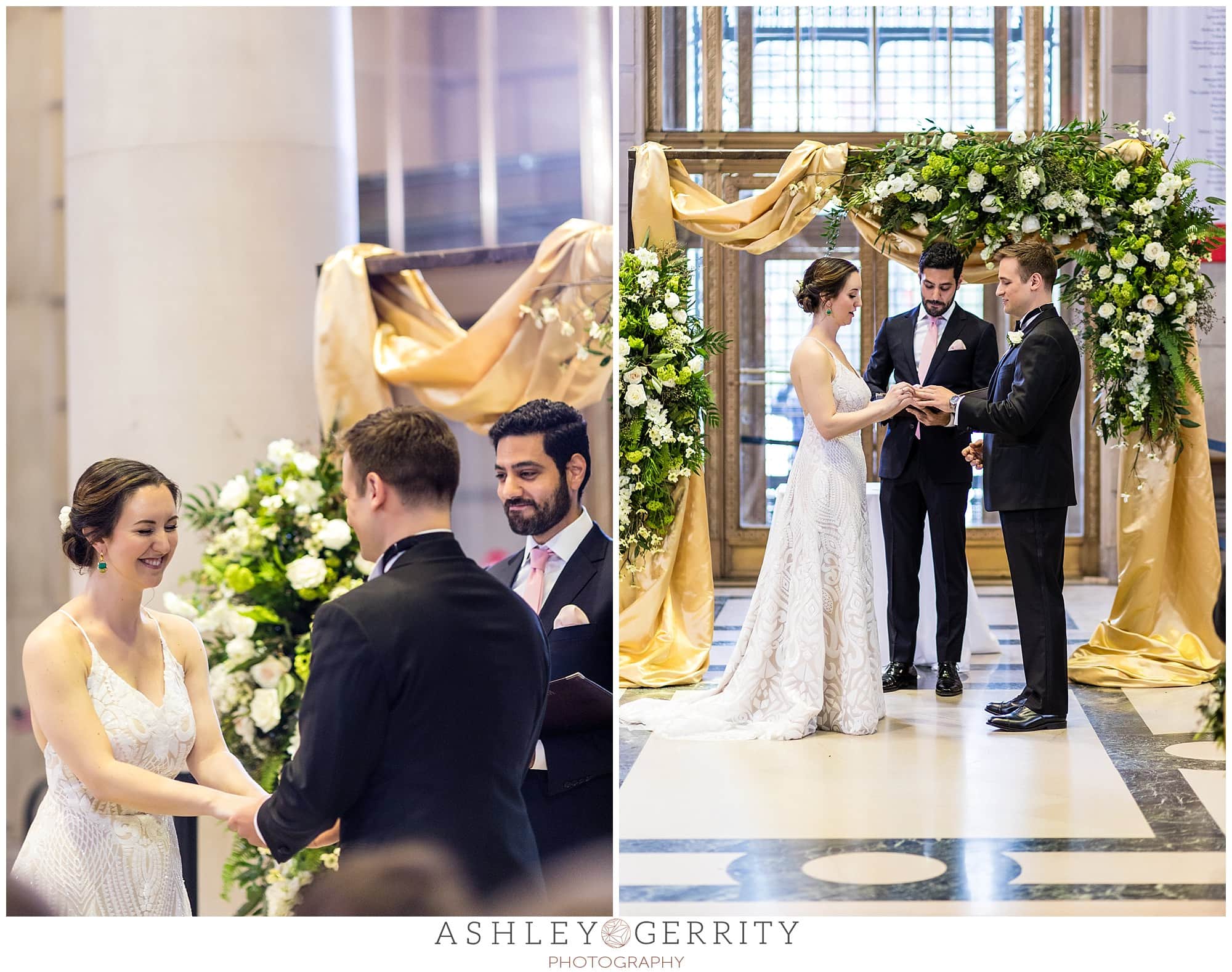 Bride laughing during ceremony, bride and groom exchanging rings, Free Library wedding