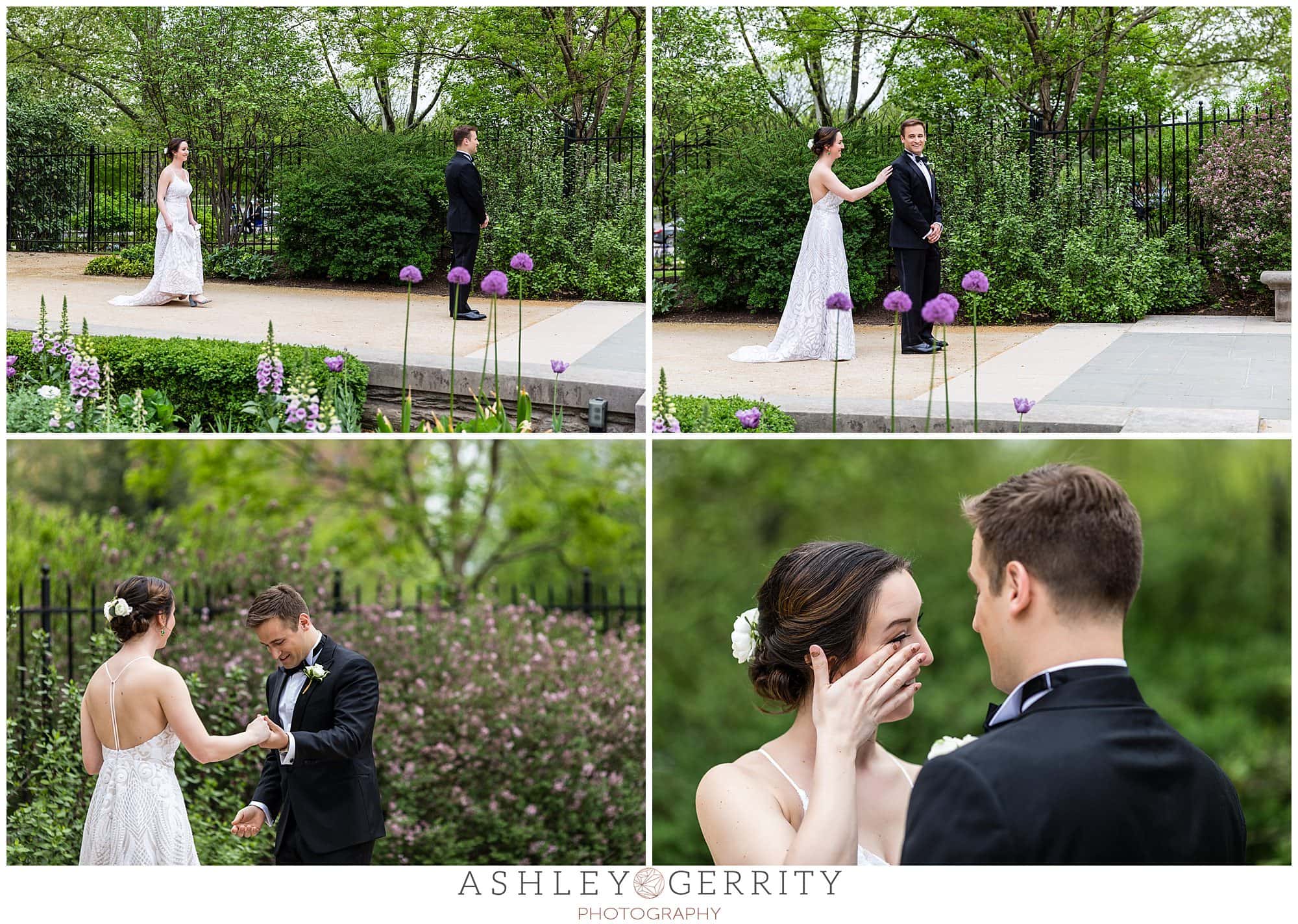 Bride and Groom first look, bride surprising groom, bride crying when she sees her groom for the first time, Free Library wedding