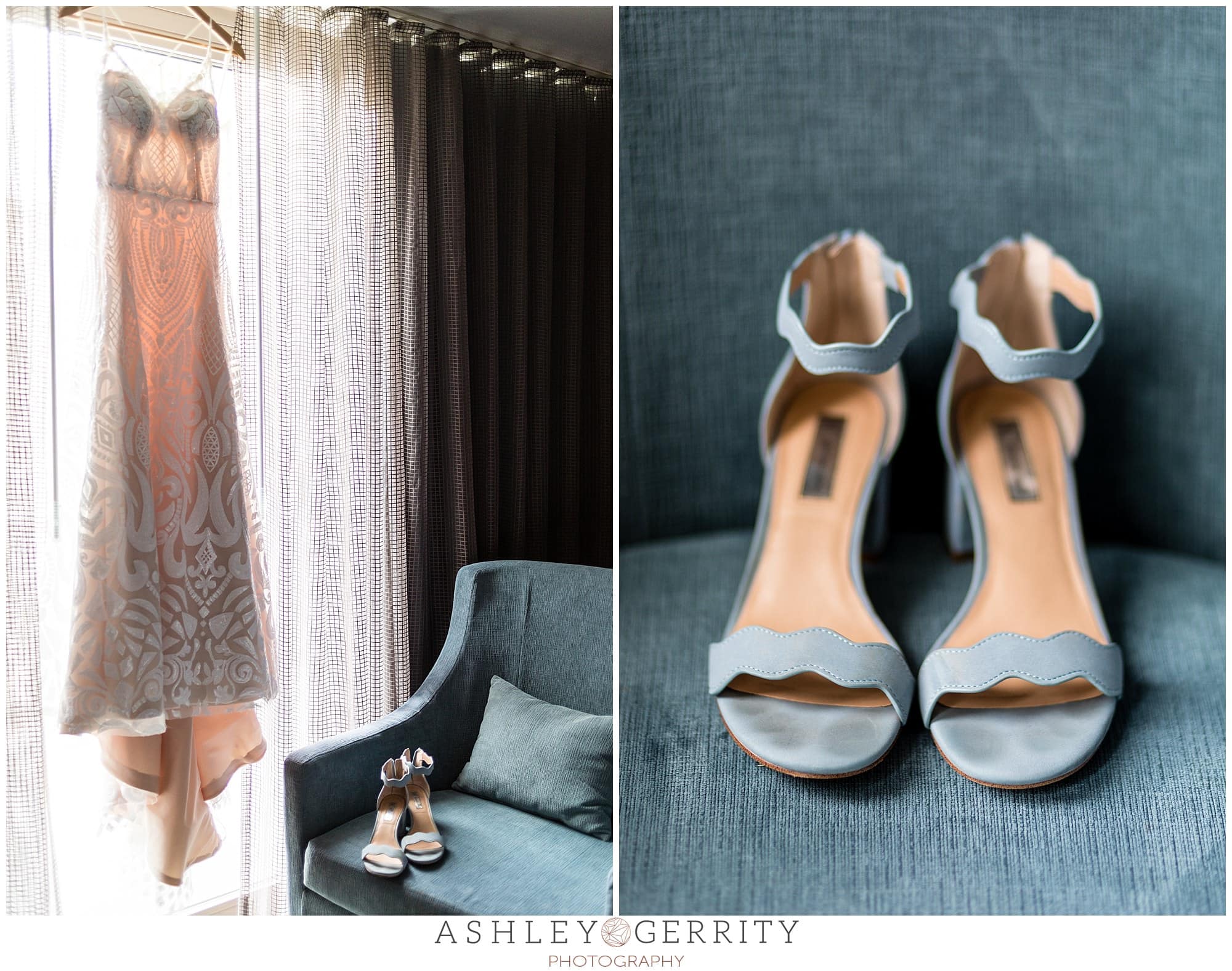 Tan and white lace wedding gown hanging in window with blue heels detail