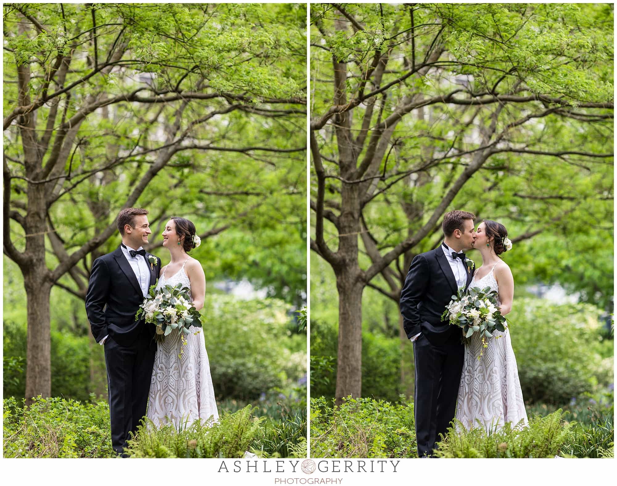 Bride and Groom portraits, bride and groom kissing, greenery and trees, Free Library wedding