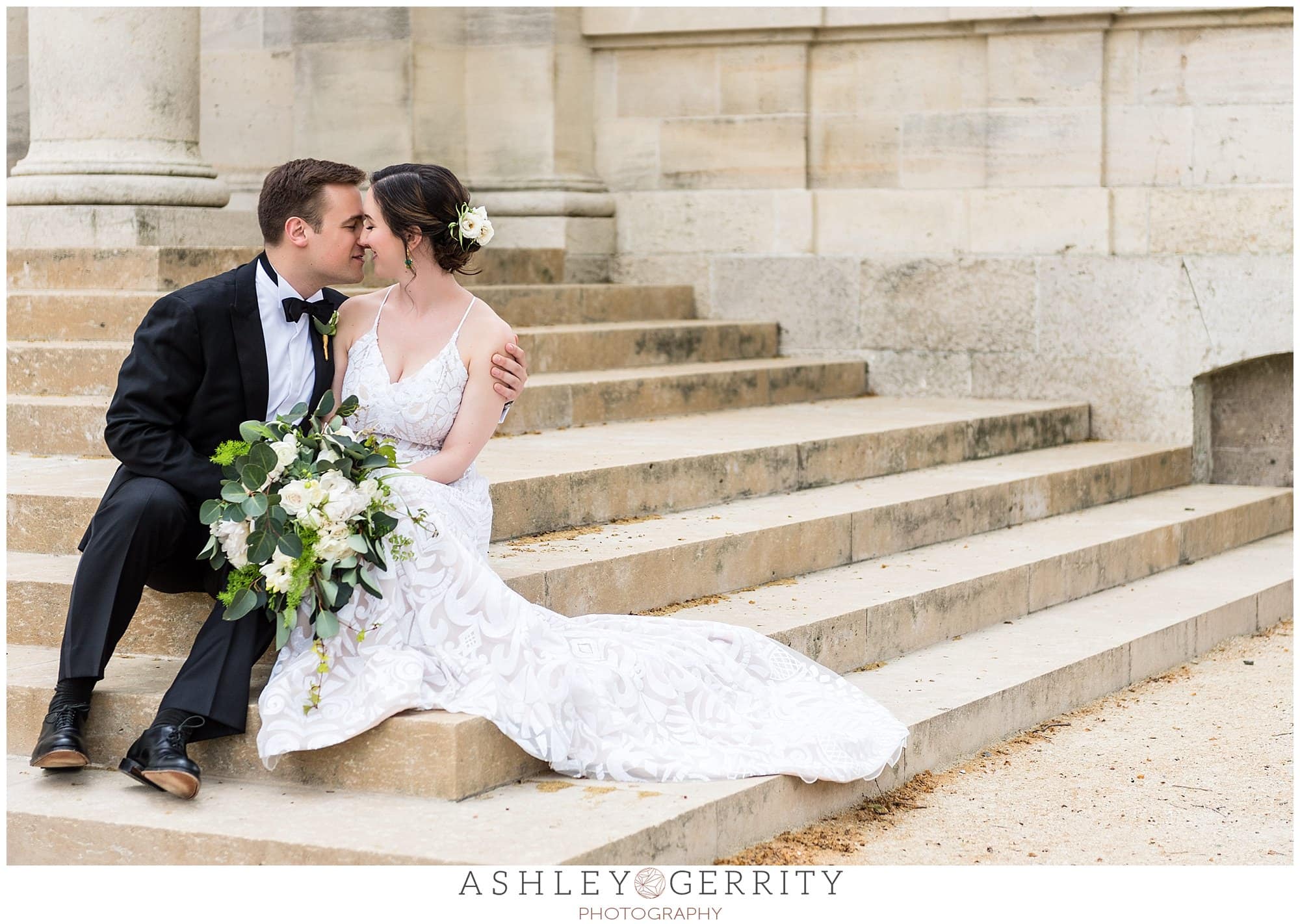 Bride and groom wedding portrait, almost kissing, intimate wedding portrait, couple sitting on stairs outside Free Library