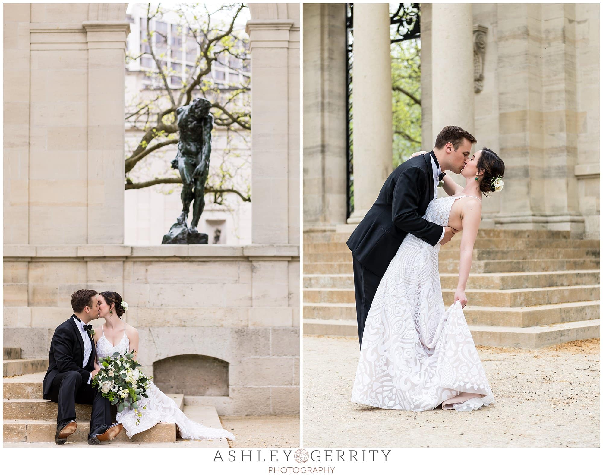 Bride and groom kissing on stairs, groom dipping and kissing his bride, Free Library wedding