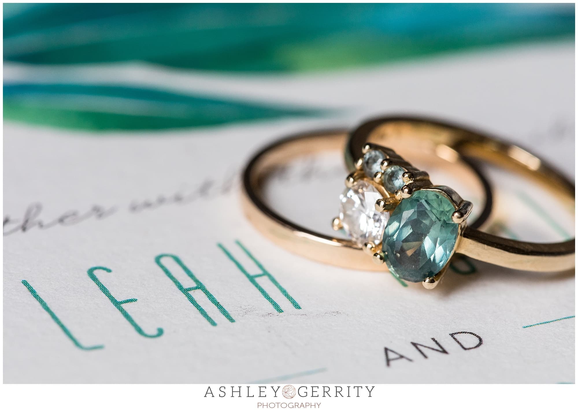 Engagement ring and wedding band close up detail shot, unique engagement ring