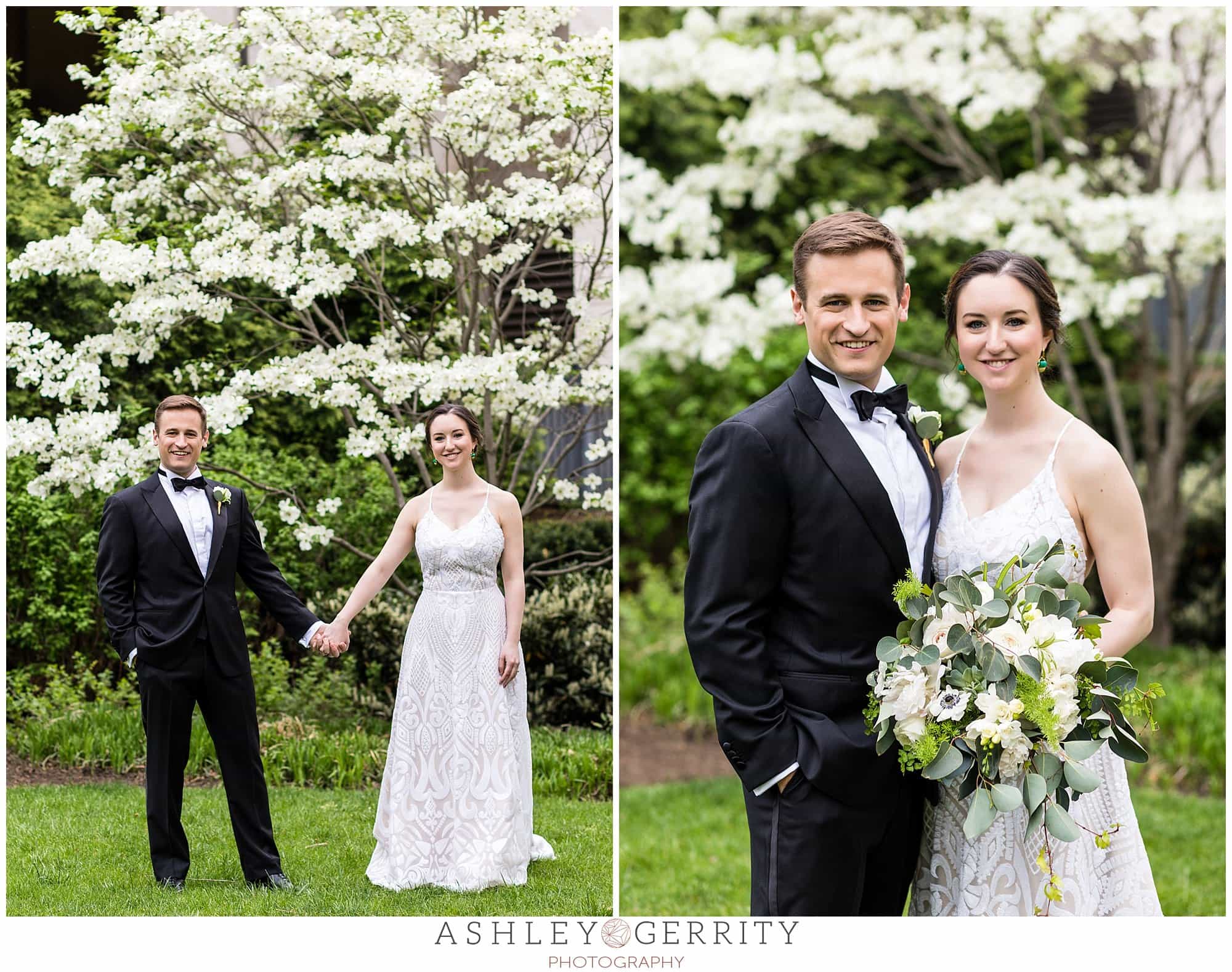 Bride and groom wedding portraits, smiling, outside with flowers