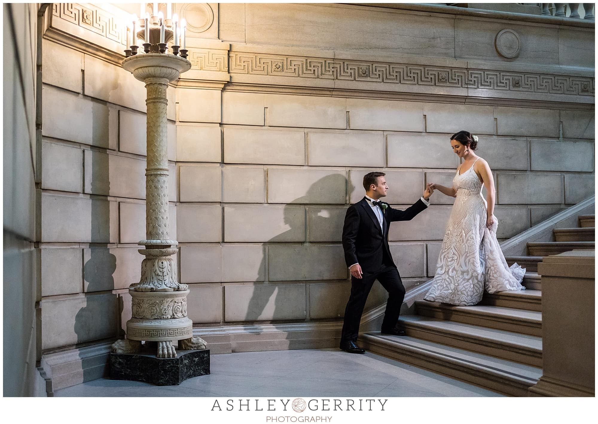 Bride and Groom portrait, bride and groom walking down stairs, Free Library wedding