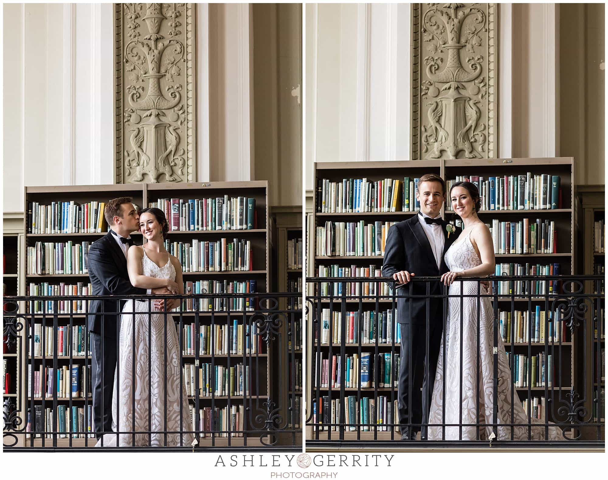 Bride and groom portraits, groom holding bride from behind, Book shelves portraits, Free Library wedding