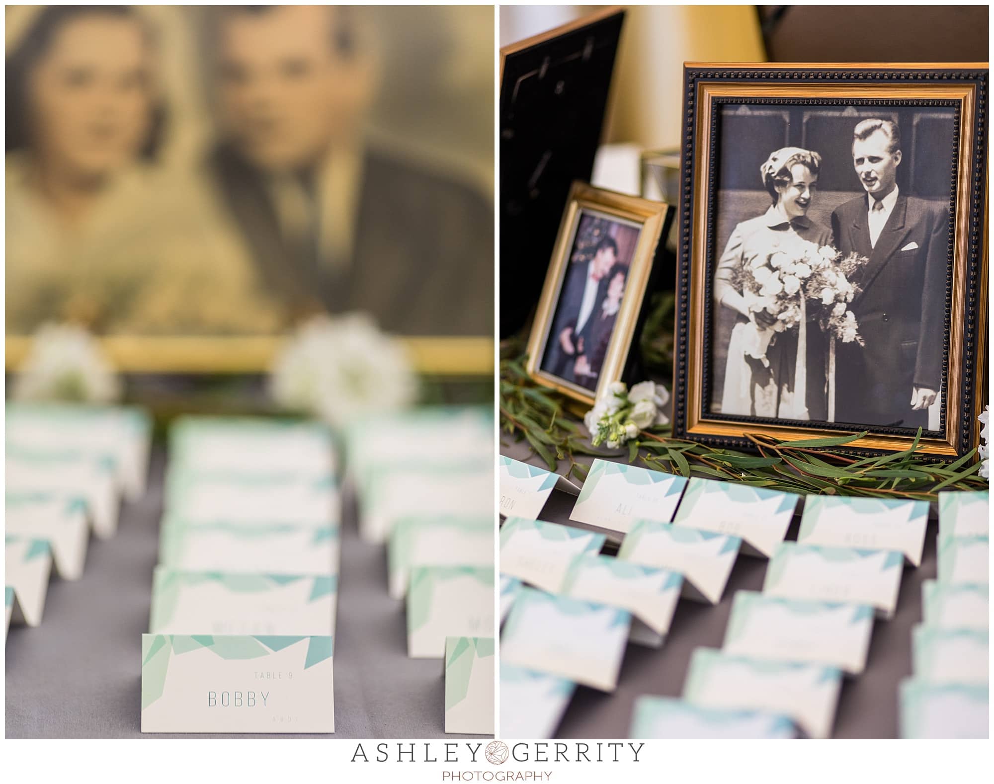 Name card details, old family photos framed and displayed at wedding