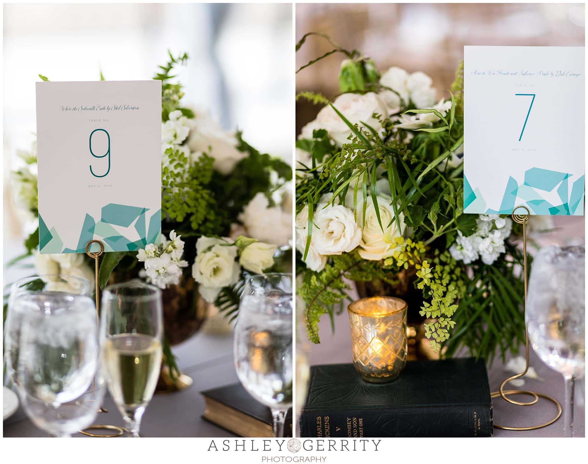 Table sign and centerpiece with white and green flowers and books, Free Library wedding