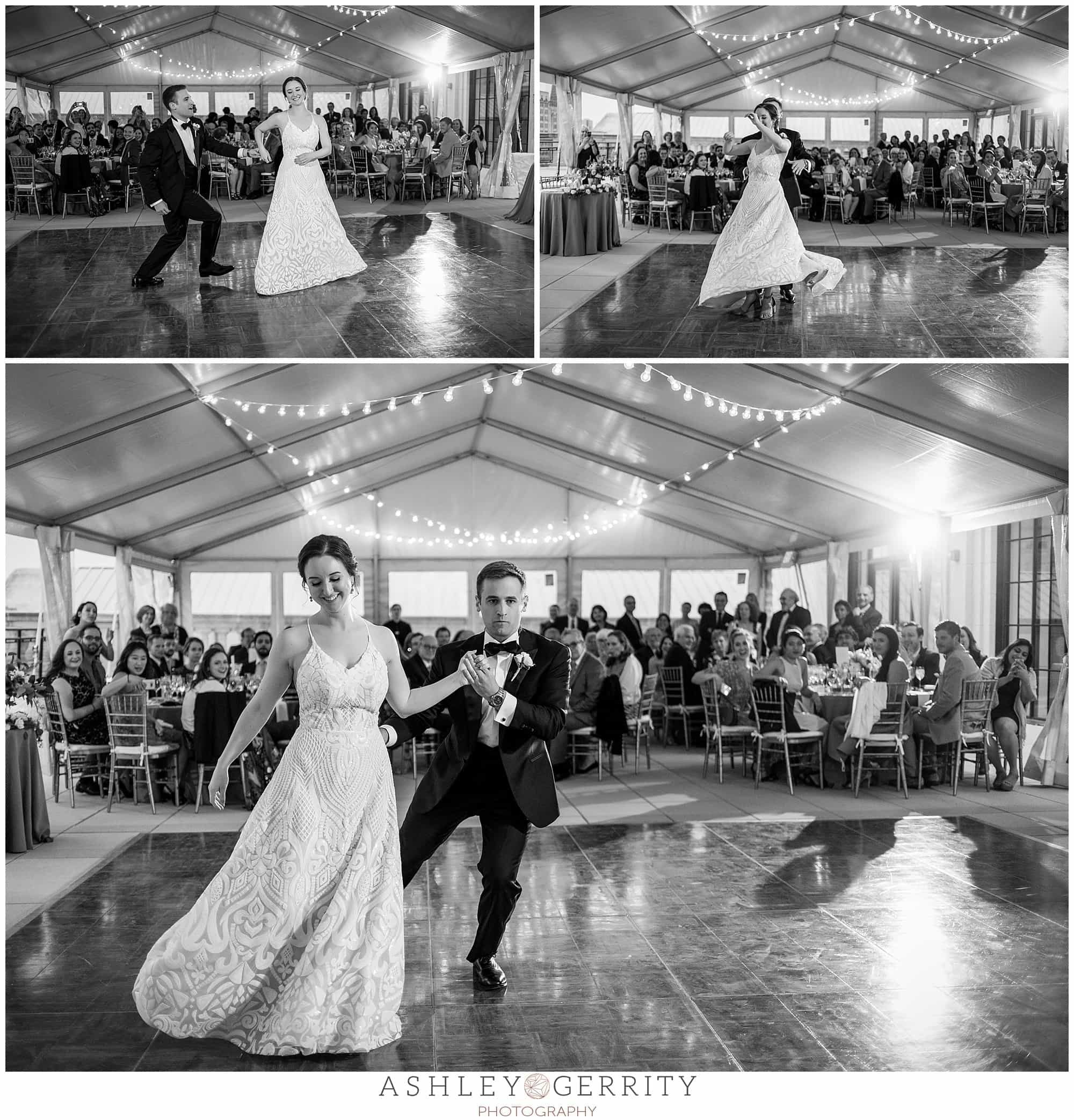 Bride and groom first dance, black and white, Free Library wedding